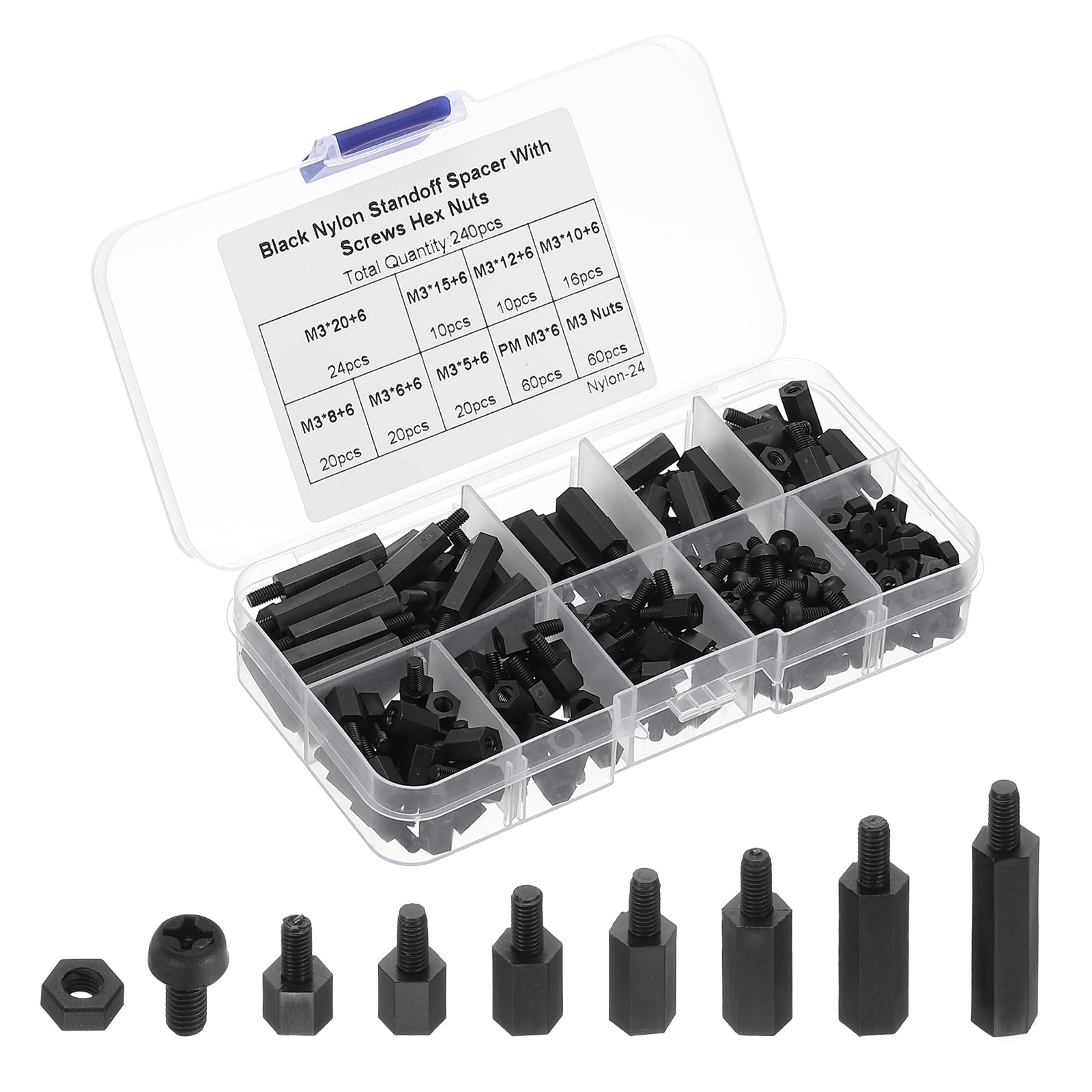 PATIKIL M3 Male Female Nylon Hex Spacer Standoff Kit, 240Pcs Motherboard Standoffs Assortment Kit, Electrical Outlet Spacers