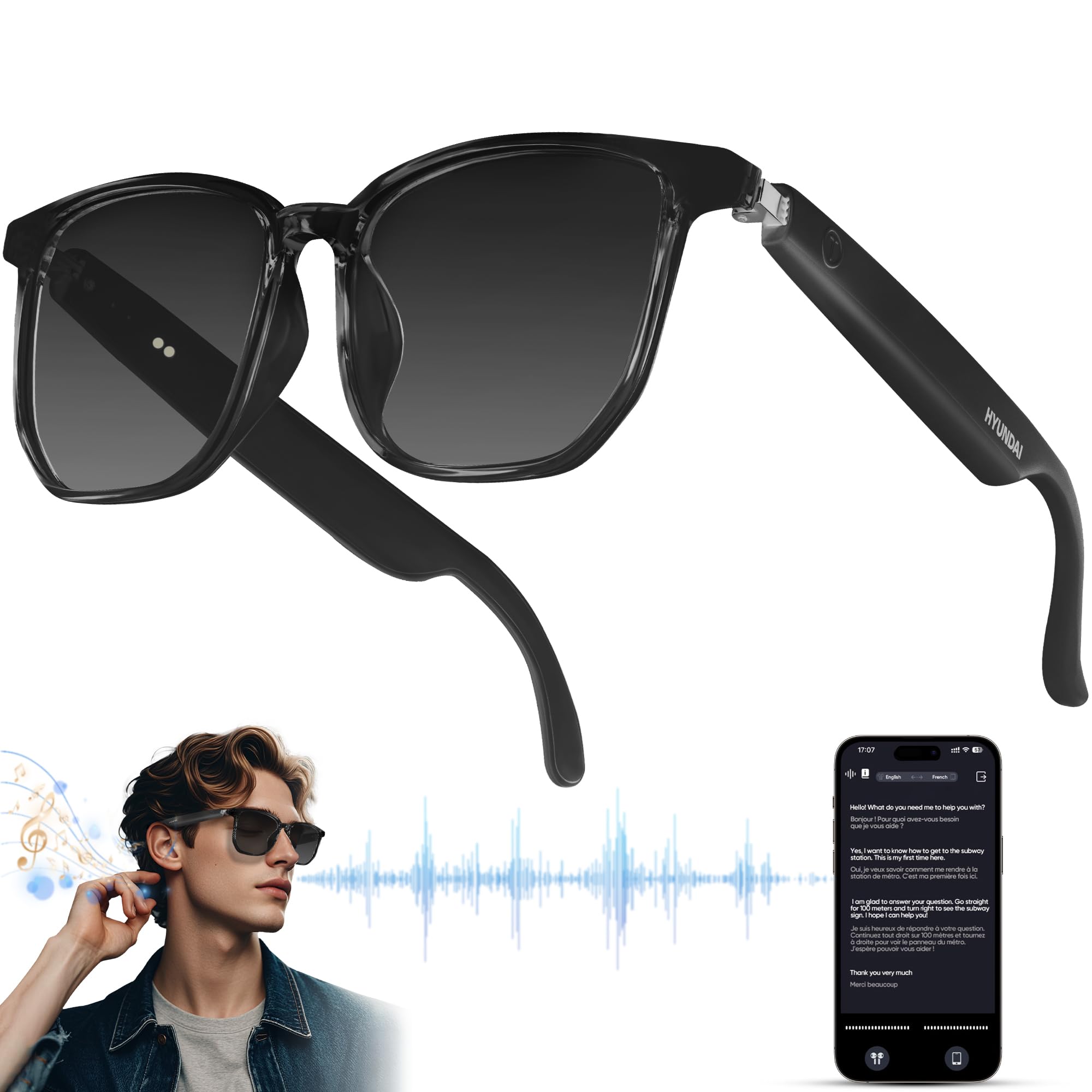 celpack Smart Glasses with AI,Bluetooth Glasses with 110+ Translation,Smart Glasses for Men&Woman,Multifunctional Camera Glasses,Black