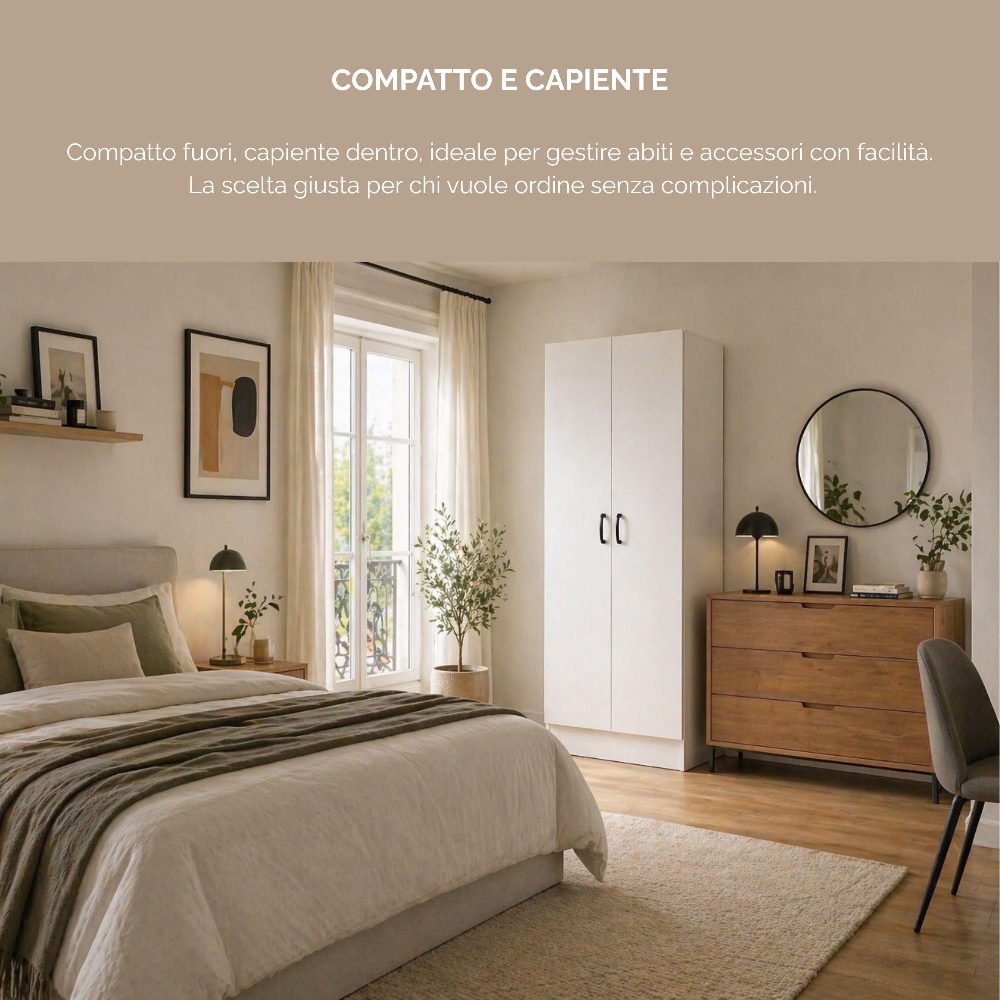 Armadio da Arredo in Legno MDF 60X42X180h CM - 2 Ante, 1 Ripiano, Asta Appendiabiti, per Camera da Letto, Mobile Versatile, Guardaroba, Salvaspazio, Maniglie - Texture Venata (Bianco)