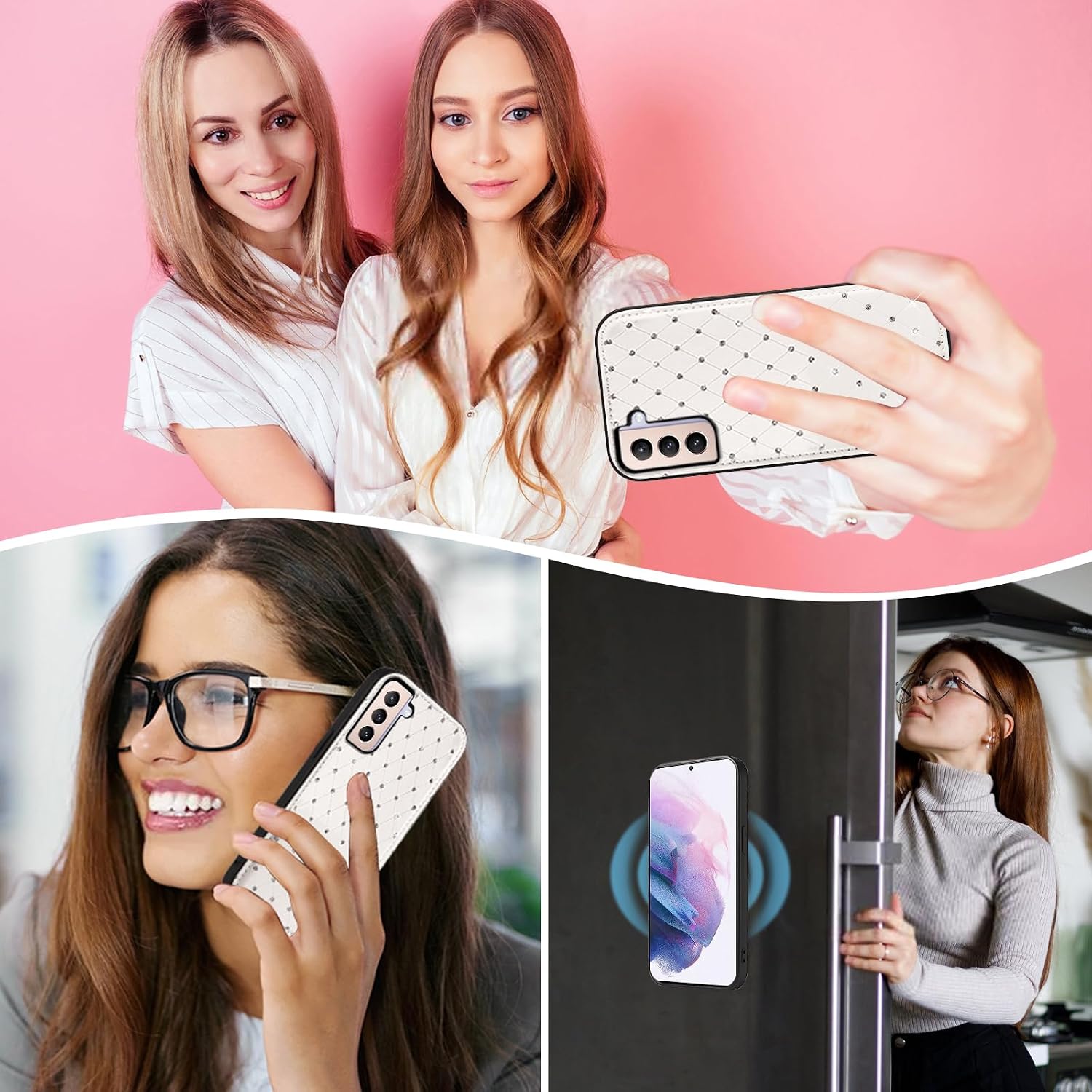Phone Case for Samsung Galaxy S21 Plus S21+ 5G Zipper Wallet Detachable Cell Cover with Screen Protector Crossbody Strap Bling Flip Credit Card Holder S21+5G S21plus 21S + S 21 21+ G5 Women White