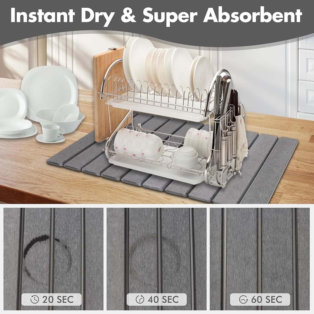 Quick-Dry Stone Dish Drying Mat, Foldable & Absorbent Kitchen Countertop Saver, Non Slip Reusable Diatomite Drain Board for Clean Surfaces & Efficient Drying