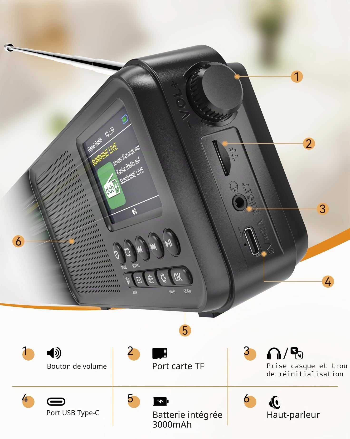 Mesqool Radio Numérique DAB/FM avec Bluetooth,Batterie Rechargeable de 3000mAh,Prise en Charge des Cartes TF de 64Go, Type-C, Prise Casque, 40 Stations FM et 40 DAB Préréglées, Modes EQ, Double Alarme