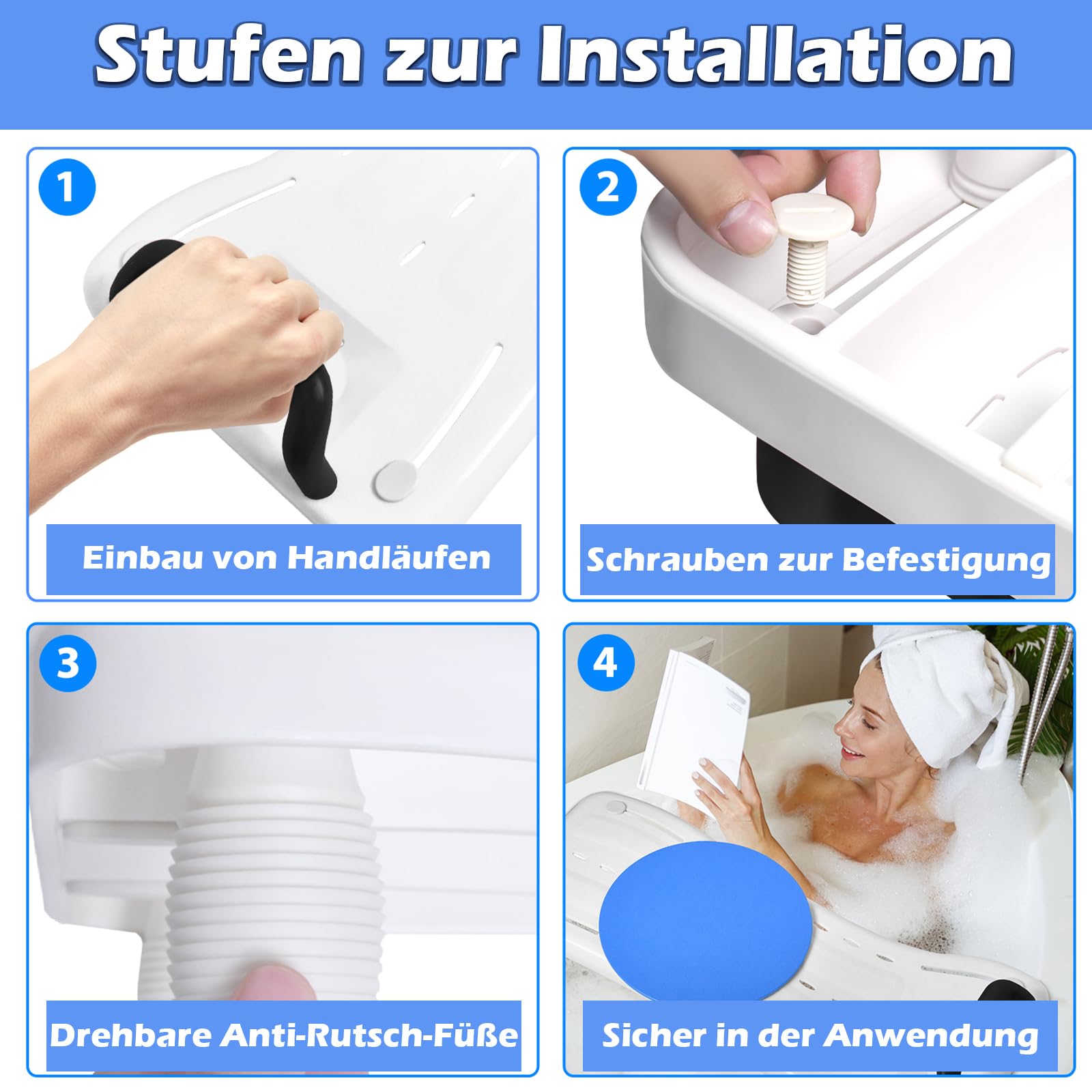 LZQ Badewannenbrett Badewannensitz Senioren mit 360º Drehscheibe, Schwarz Griff und Seifenablage, Einstellbar Wannensitz Sitzbrett für Badewanne für Erwachsene Tragkraft 150kg