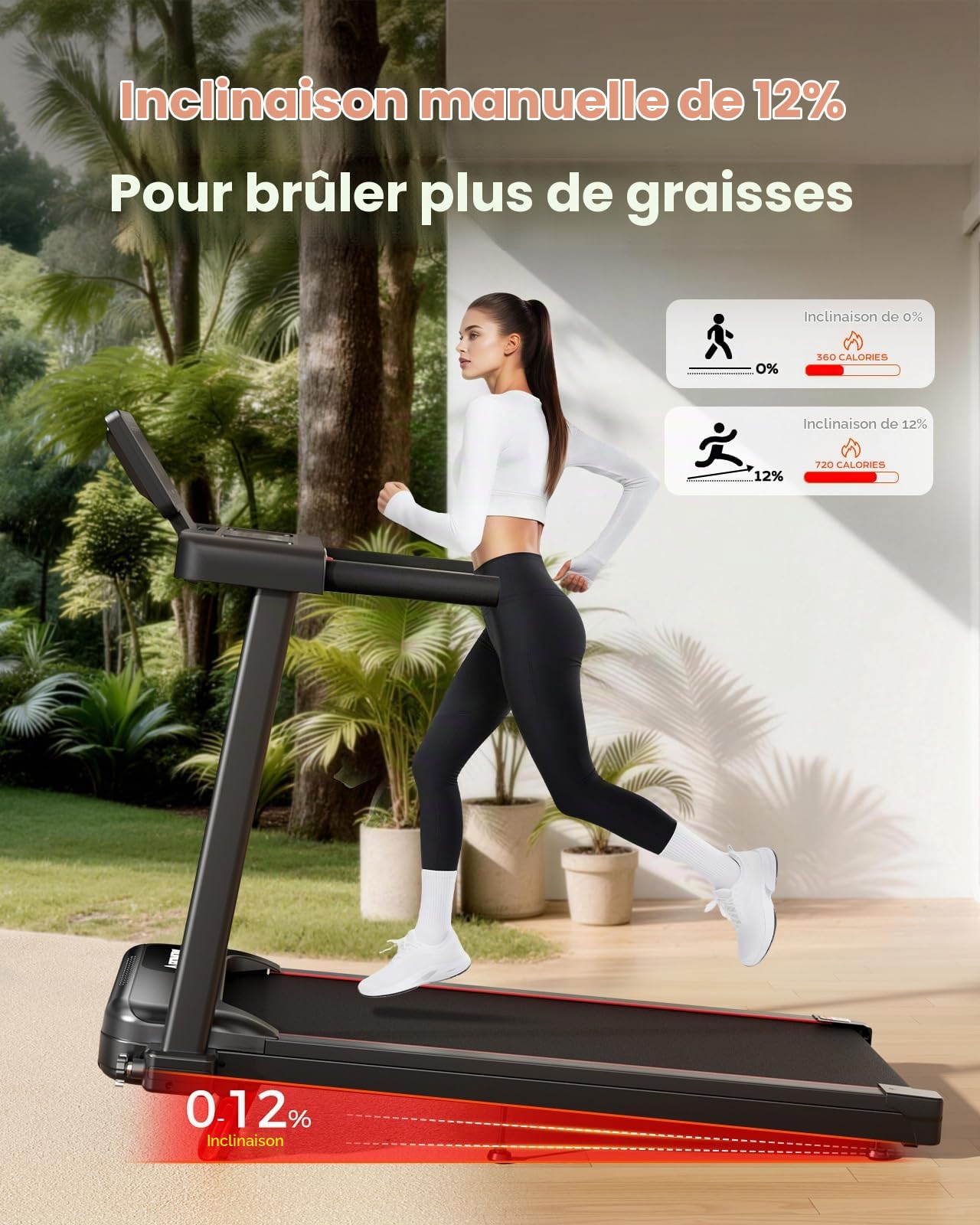 Abonow Tapis de Marche Inclinable 12% – Vitesse 1,0–10 km/h, Moteur Silencieux 3.0 CH, Tapis Roulant Pliable Compact avec Rampe, 3-en-1 Marche/Jogging/Bureau, Charge Max. 136 kg