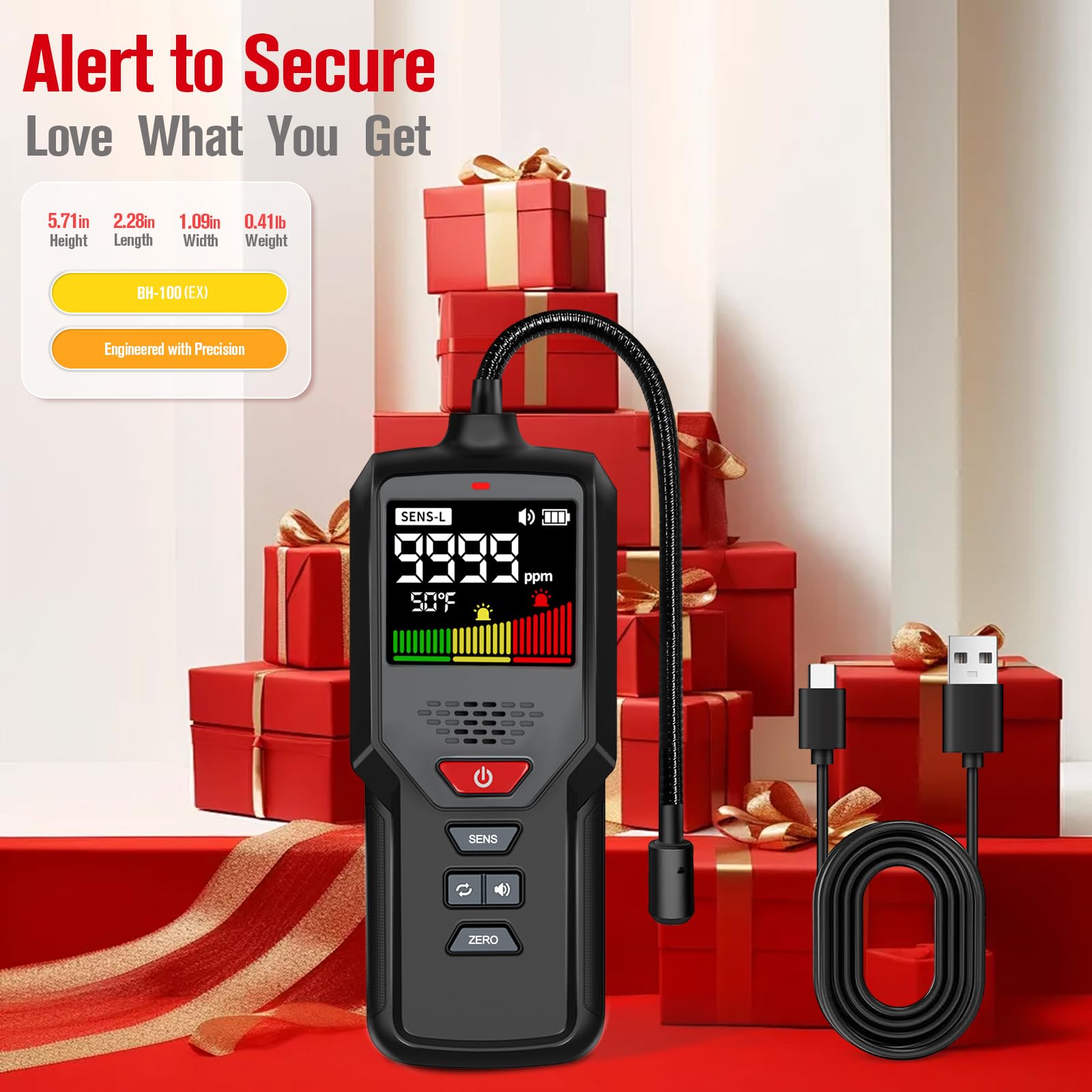 Detector de fugas de gas natural, medidor de propano con cuello de cisne para el hogar, probador portátil alimentado por batería recargable, monitor de alarma visual audible a gas LP