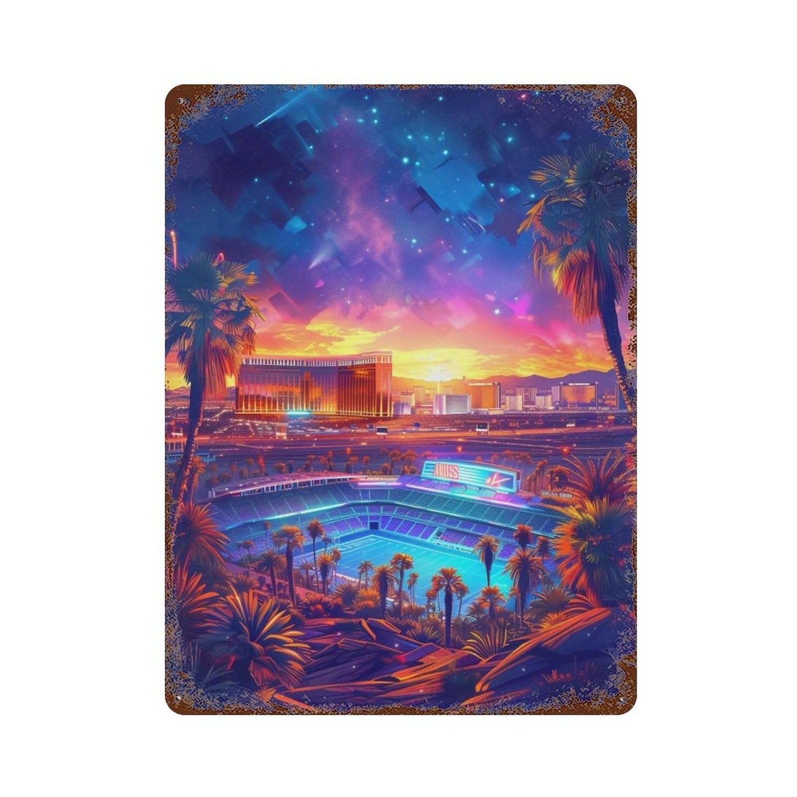 Las Vegas Stadium Sunset Rustic Tin Plaque 15.7"x11.8", for Pub, Kitchen And Man Cave Decor, Vintage Wall Decor