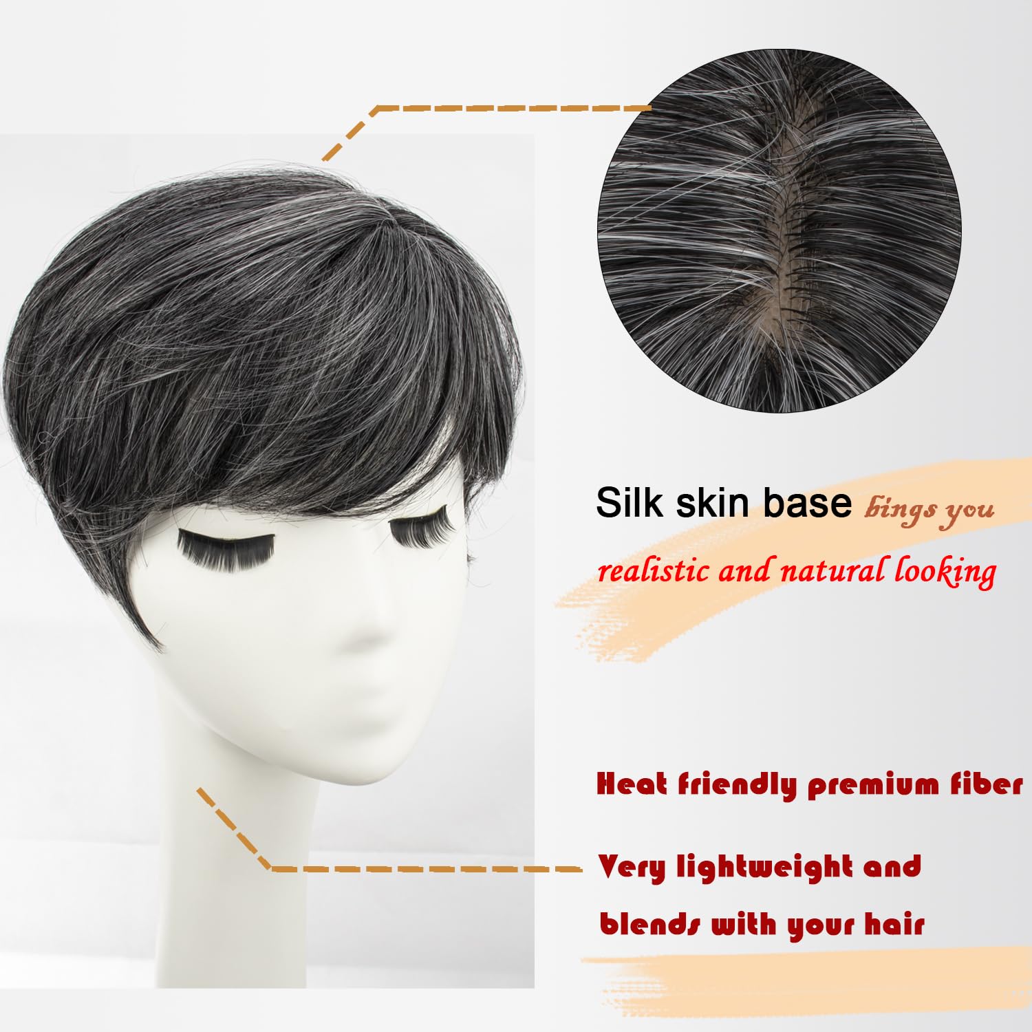 PORSMEER Ladies Magic Pixie Hair Topper Clip in for women Thinning Hair Black Grey Natural Looking Synthetic Hair Pieces Replacement Wiglets with Fringe Add Hair Volume - Image 4