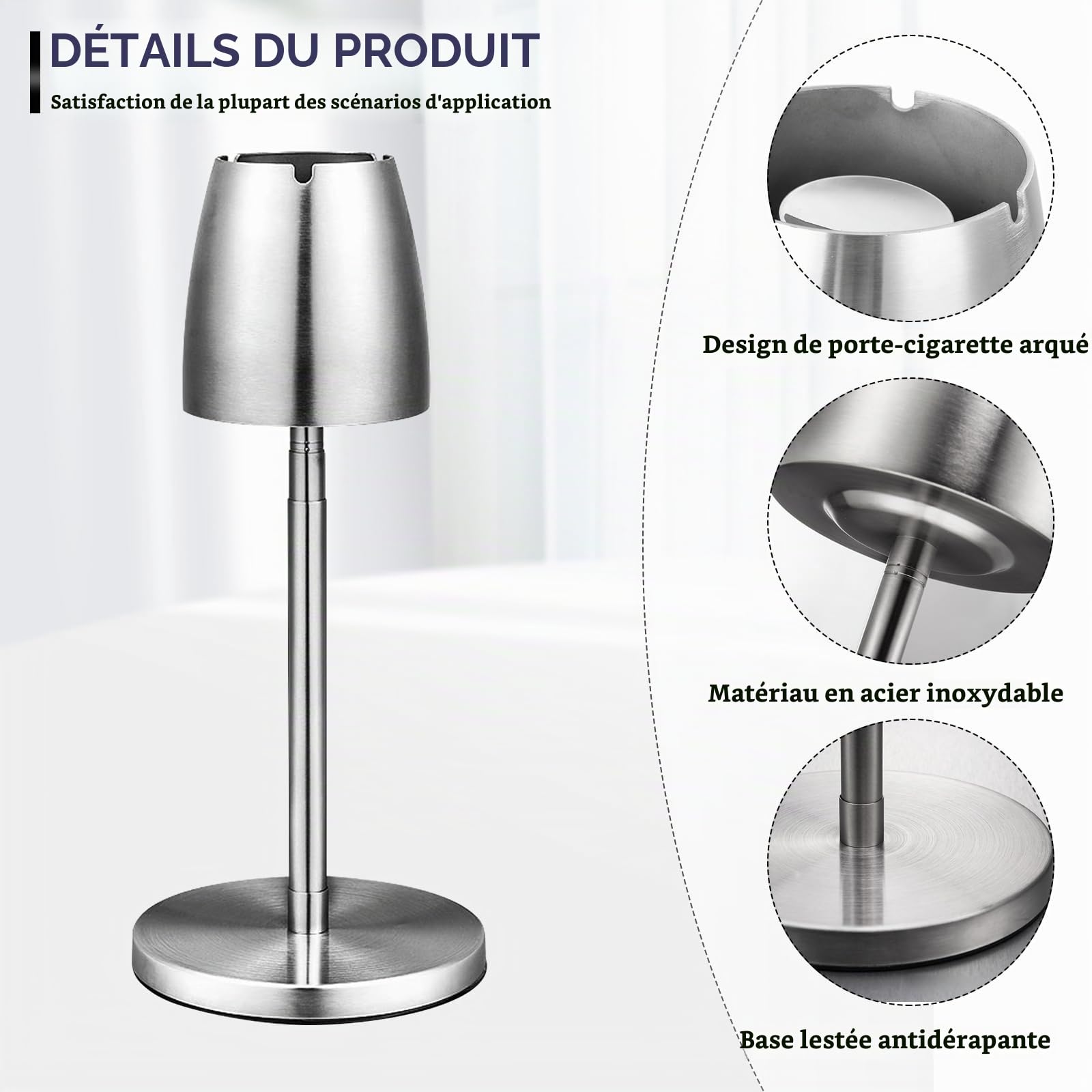 Cendrier de sol réglable en acier inoxydable : extérieur, extensible en hauteur 34-68 cm, cendrier de sol réglable avec couvercle et fond antidérapant, argenté