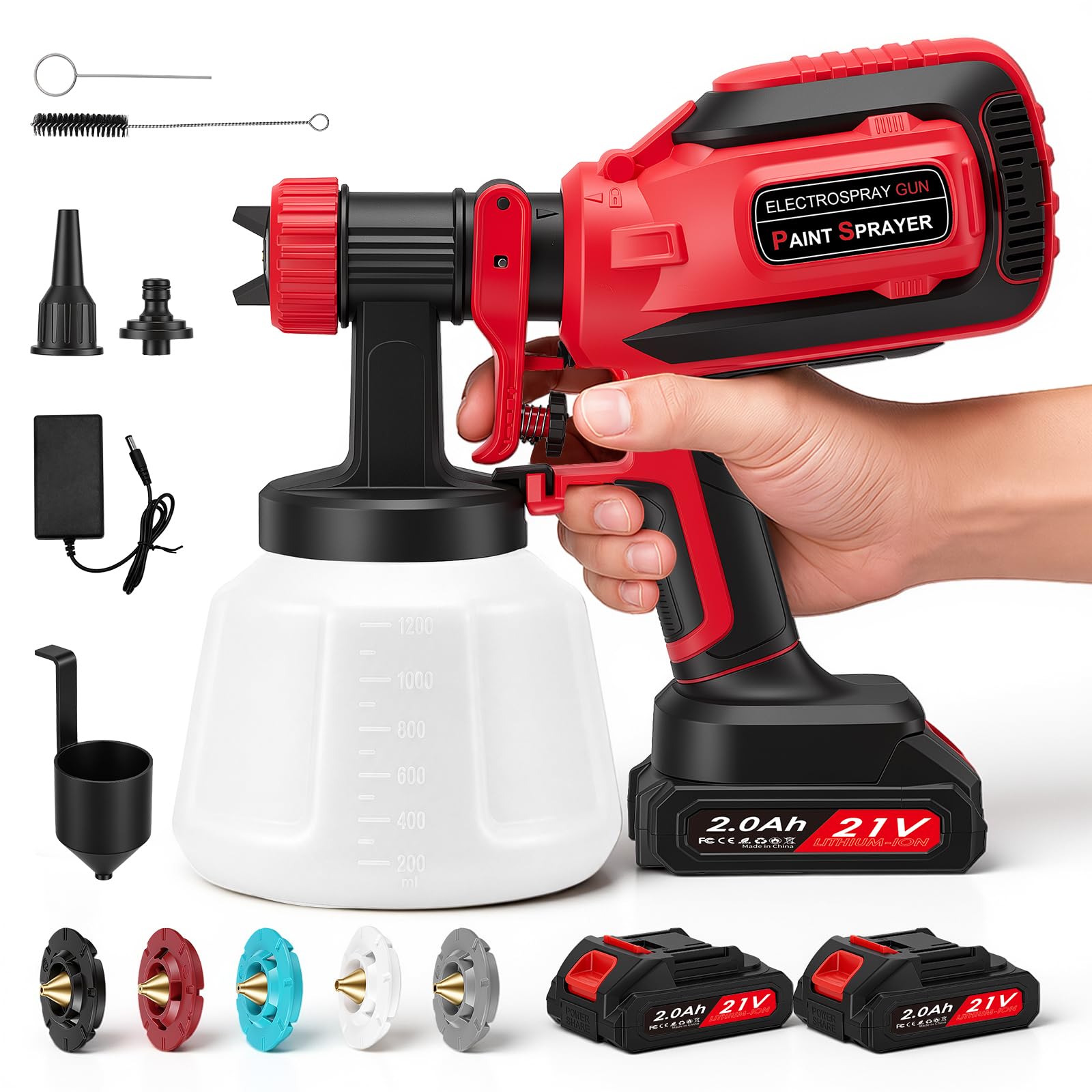 Pistola Pintura Bateria,Pulverizador de Pintura con batería con 3 Patrones,HVLP Pistola con 2 Baterías de 3000 mAh y Ccargador para Cercas, Paredes, Techos(Rojo)
