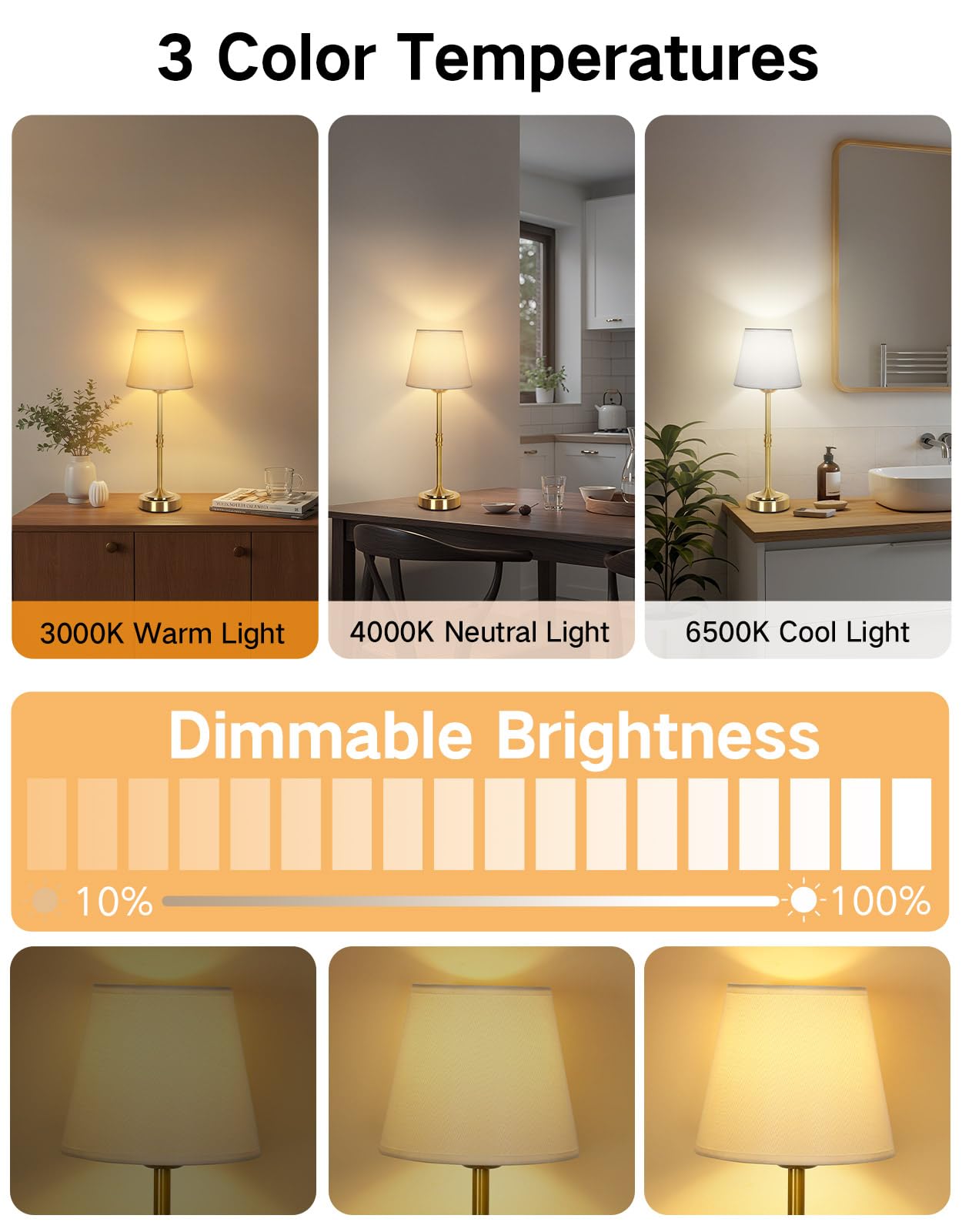 OUTON Pack de 2 Lámparas LED Recargables Inalámbricas – Táctil Regulable, 3 Temperaturas (3000 K–6500 K), 5200 mAh USB‑C, 60 h de Autonomía – para Dormitorio, Salón, Comedor (Oro – 2 Piezas)