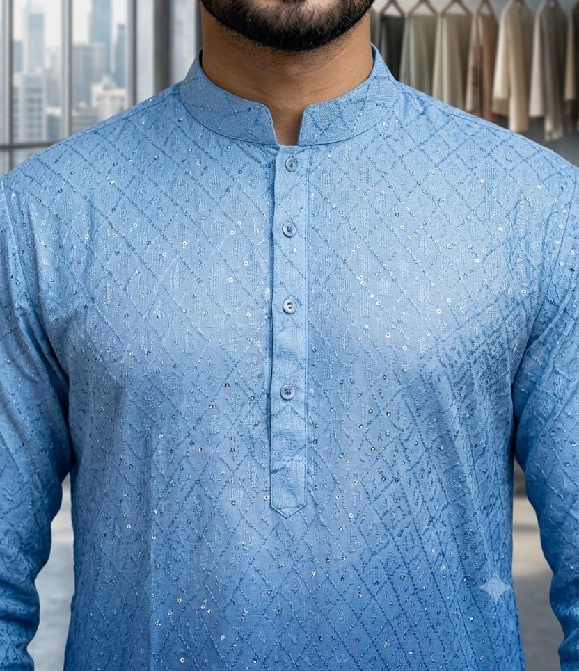 Image of Vardha Men's Cotton Chikankari Embroidered Kurta with Full Sleeves and Knee Length Design and Elegant Sequence Work | Kurta for Men