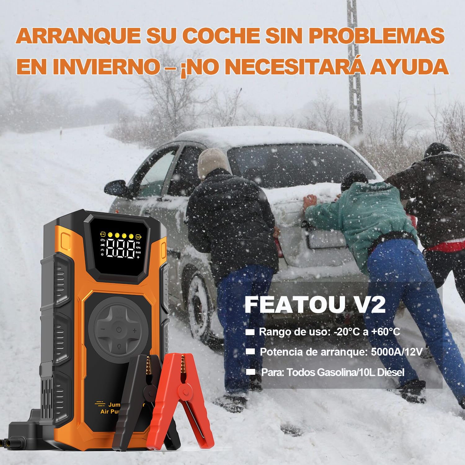 Arrancador de Baterias de Coche con Compresor Aire, 5000A 12V Arrancador de Coches(Toda Gas/10L Diesel), 7en1 Profesional Portatil Jump Starter Cargador Bateria con 150PSI Inflador/18W Carga Rápida