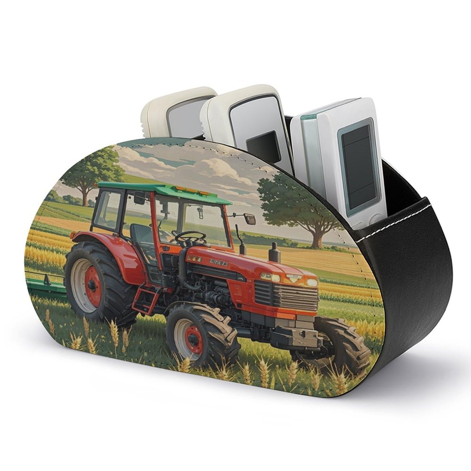 FekiLoot Tractor Theme Remote Control Holder with 5 Compartments - PU Leather Remote Caddy Desktop Organizer, Personalized TV Media Remote Storage Box for Home Coffee Desk Accessories