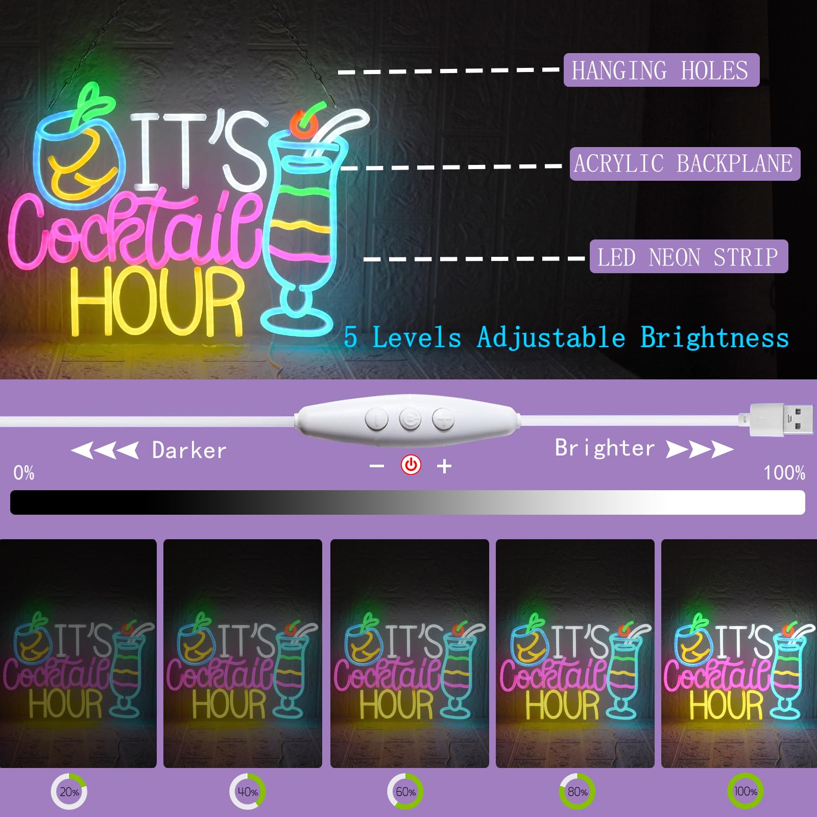 Cocktail Hour Insegna al Neon Luce al Neon per Bar Insegna al Neon Colorata per Cocktail Luci al Neon Dimmerabili USB per Cocktail, Casa, Bar, Club, Feste, Cucina, Hotel