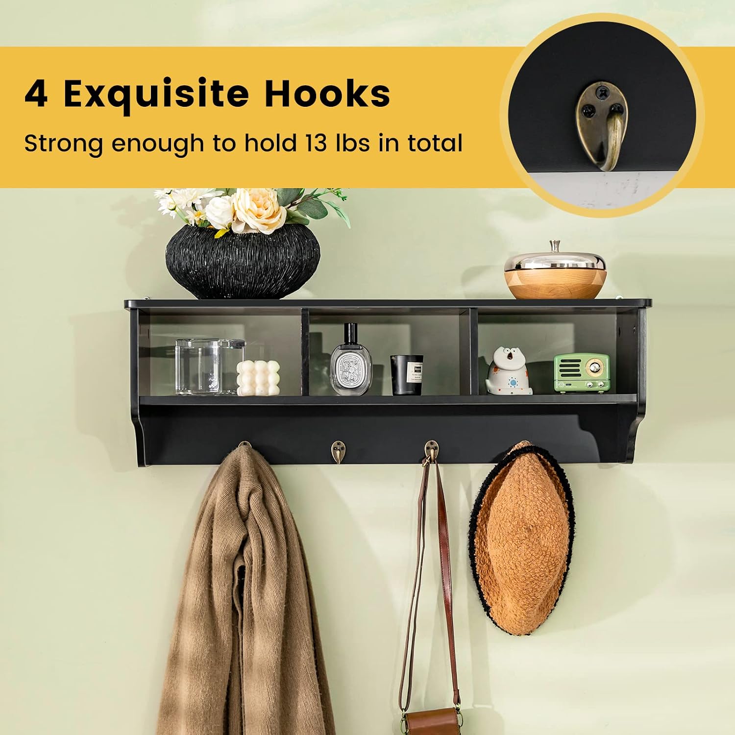 Casart Hanging Shelf Wall Mounted Storage Cabinets W/Hooks for Bedroom, Living Room and Entryway (Black)