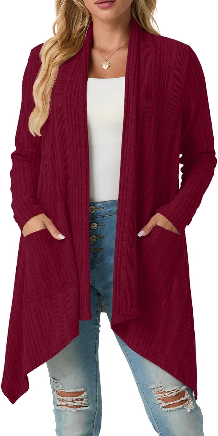 GRECERELLE Womens Cardigans Ribbed Knit Long Sleeve Lightweight Fall Winter Casual Shawl Collar Irregular Hem Cardigan for Ladies with Pockets