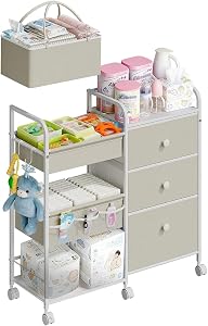 2In1 Baby Diaper Caddy Organizer and Storage, Multi-Function Mobile Utility Cart with Dividers and Drawers, Large Capacity Rolling Diaper Cart for Changing Table,Crib,Nursery,Bedroom (White)