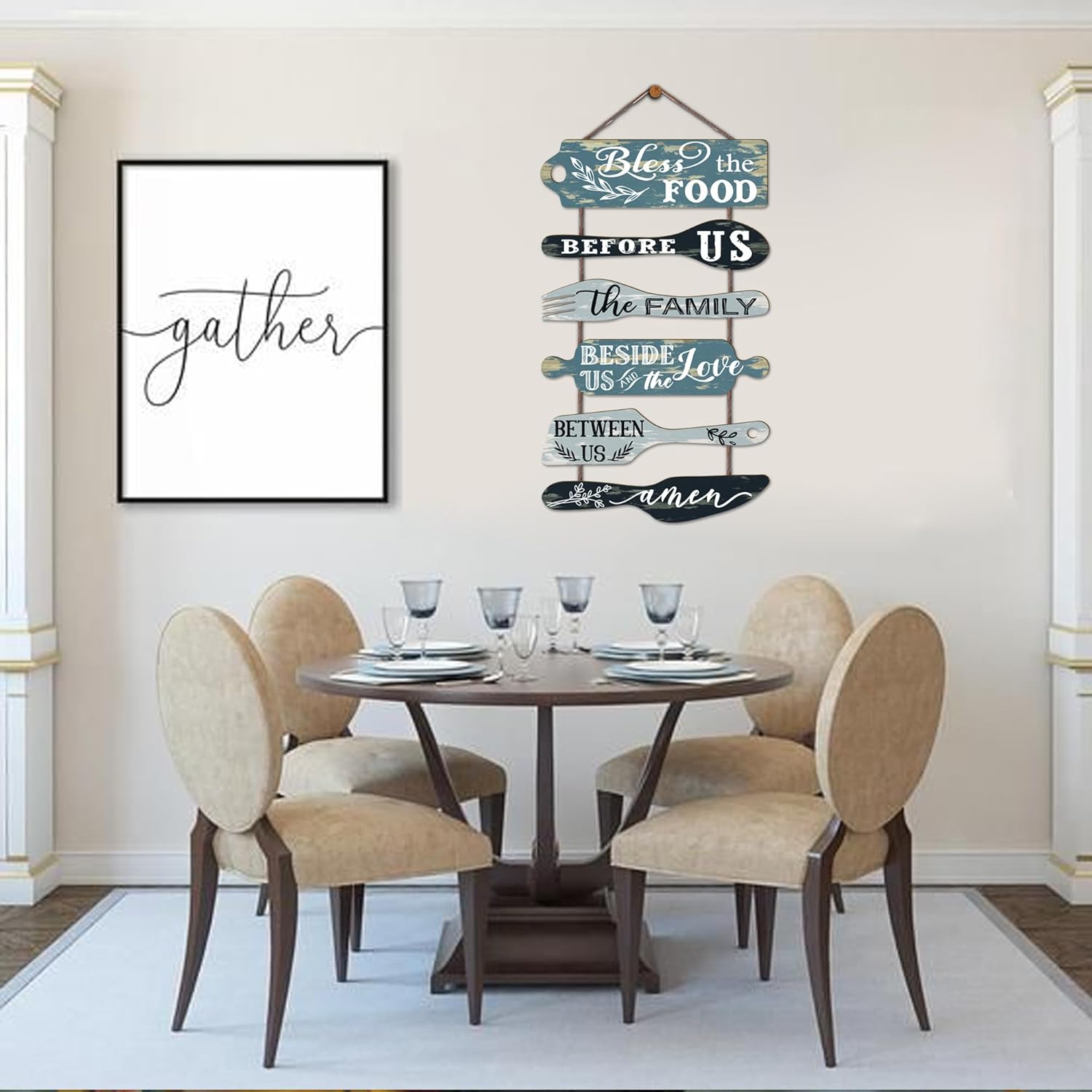 Bless the Food Before Us Farmhouse Kitchen Wall Decor - Dining Room Decorations Collage Wall Art in Neutral Teal/Aqua Color - Wooden Rustic 6pcs Roped Sign 25x14 Inches Vertical