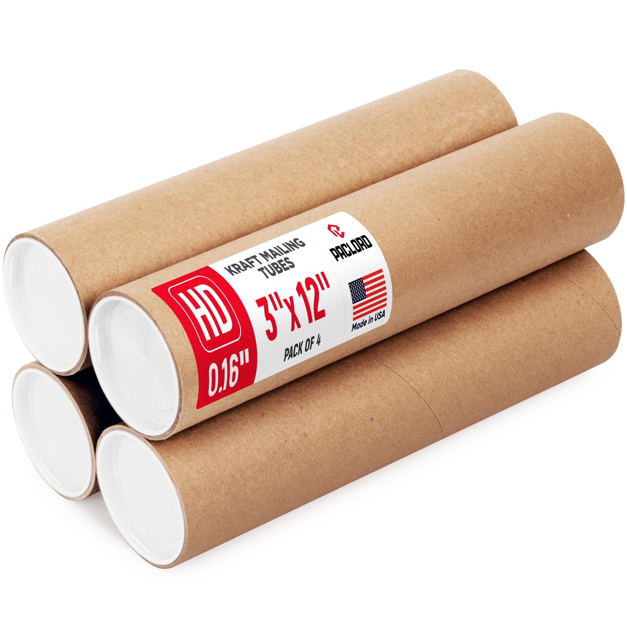 3" x 12" Heavy Duty Made in USA Kraft Paper Mailing Tube, 4 Tubes, 8 Caps