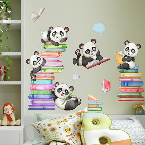 Miniatura 4 de Amaonm - Adhesivo de pared de libro de lectura de panda feliz de dibujos animados, calcomanías educativas para pared, libros de despegar y pegar,
