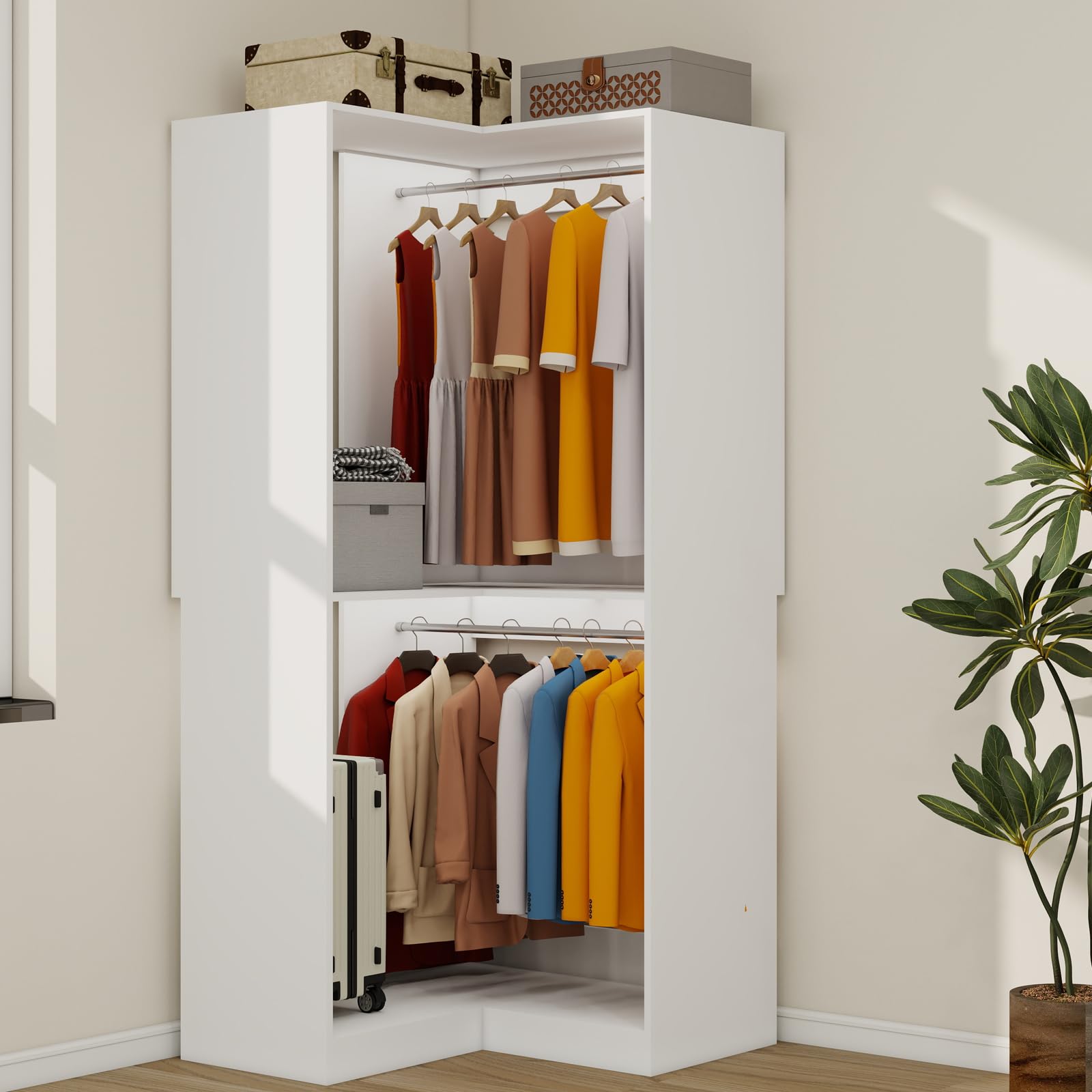 Corner Closet System with Double Hanging Rods, 81" Tall Corner Closet Organizer Tower, Wooden Walk in Corner Closet Cabinet with Side Rod, White