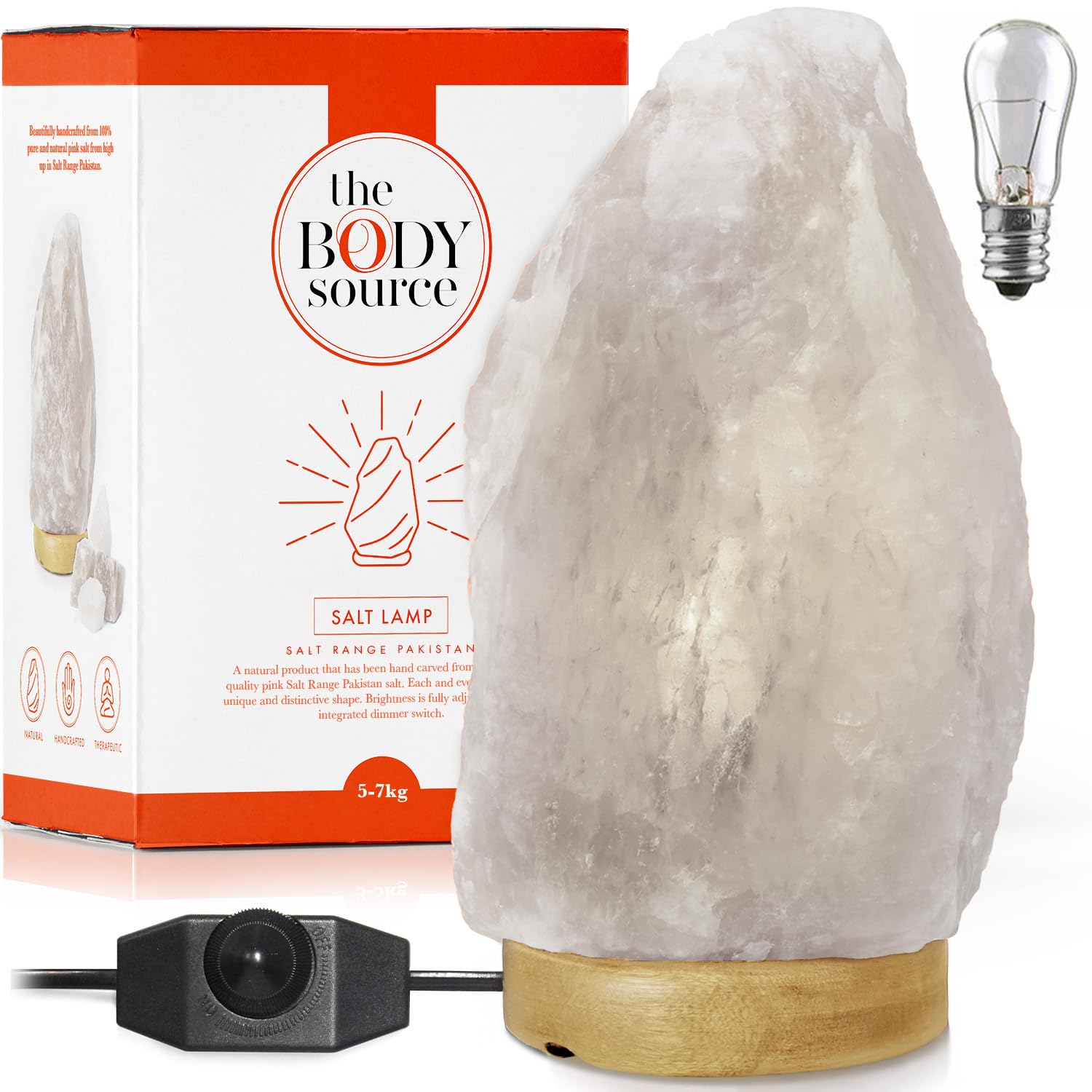 The Body Source Salzlampe (2-3 kg) mit Dimmerschalterlicht aus der Salt Range Pakistan auf einem Holzständer - Nachtlicht inkl.10W Glühbirnen und Geschenkbox