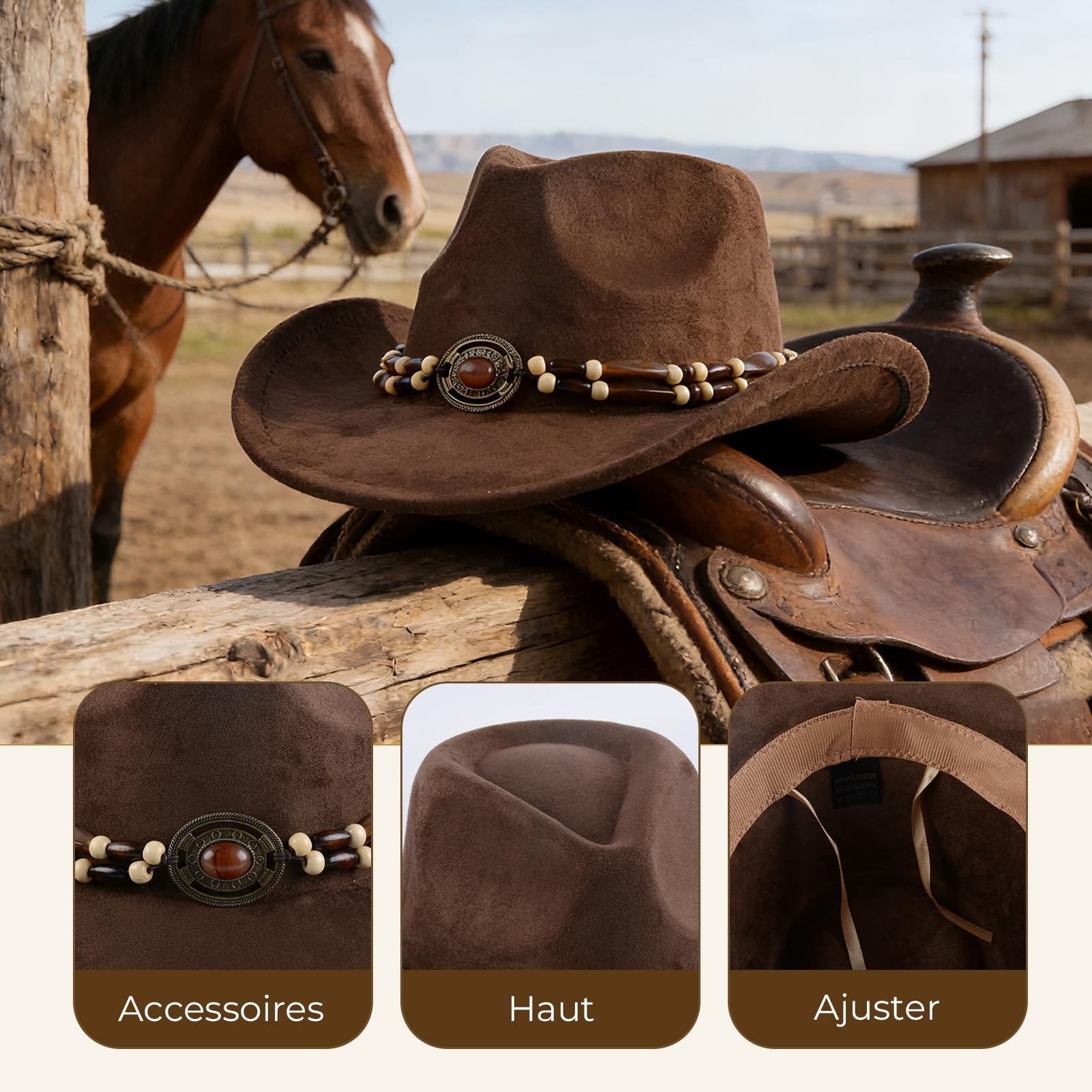 MYKAGS Brown Occidental Cowboy Chapeau Hommes et Femmes Large Edge Outdoor Suede Chapeau Taille Réglable Classique Cowboy Chapeau Design de Mode