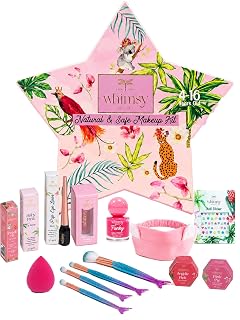 Whimsy Beauty Organic & Safe Blossom Makeup Kit| Safe, Non-Toxic Beauty Set for Girls & Teens |Eye Glitter, Lip Cheek Tint, Lip Gloss,Eye Liner, Nail Paint and Mermaid Brushes (Pack of 14)