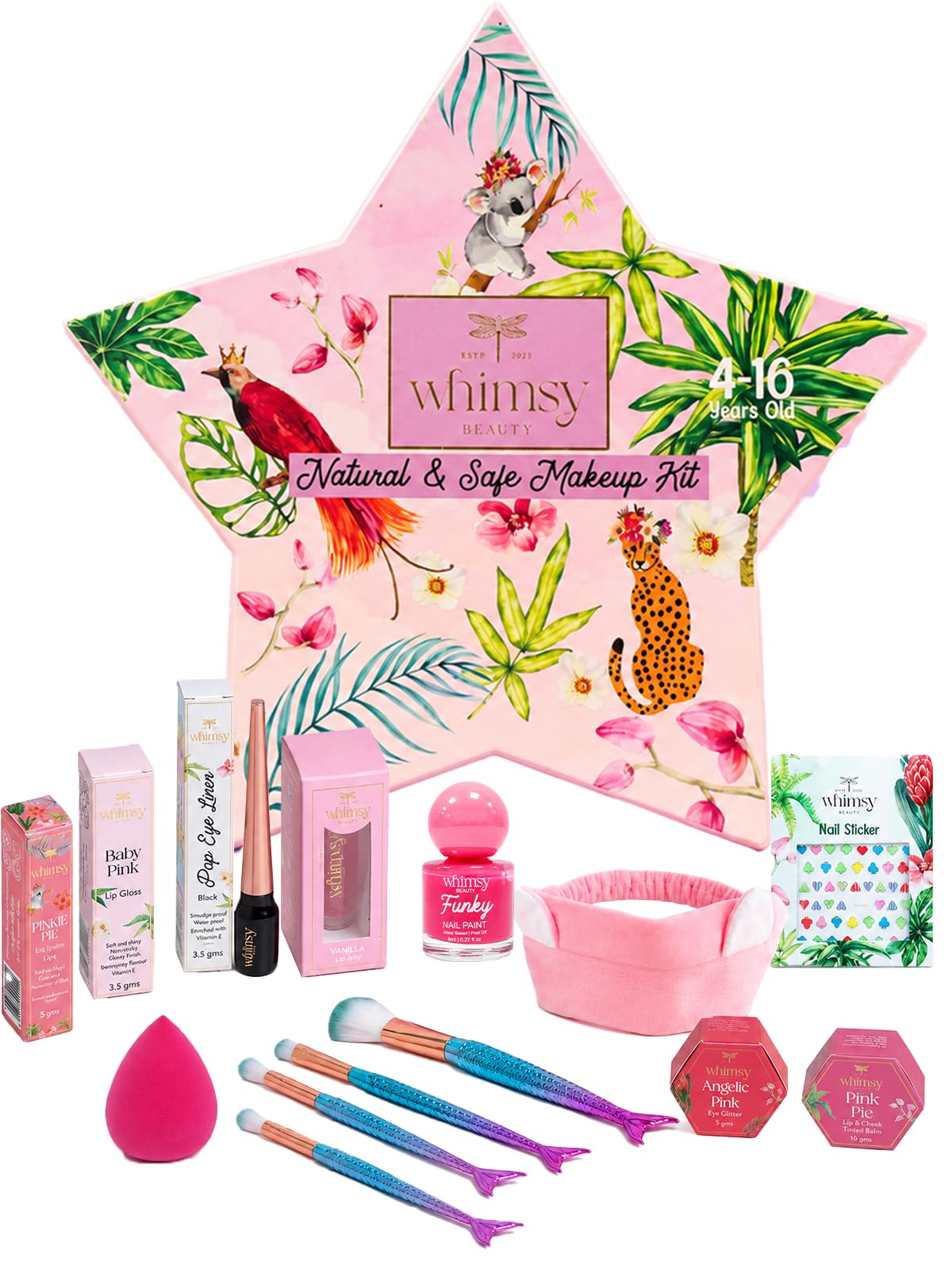 Whimsy Beauty Organic & Safe Blossom Makeup Kit| Safe, Non-Toxic Beauty Set for Girls & Teens |Eye Glitter, Lip Cheek Tint, Lip Gloss,Eye Liner, Nail Paint and Mermaid Brushes (Pack of 14)