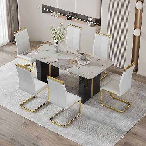 Miniatura 18 de Juego de mesa de comedor moderno de 71 pulgadas para 6, juegos de comedor para 6, mesa de mármol sintético de cocina y sillas de piel sintética,