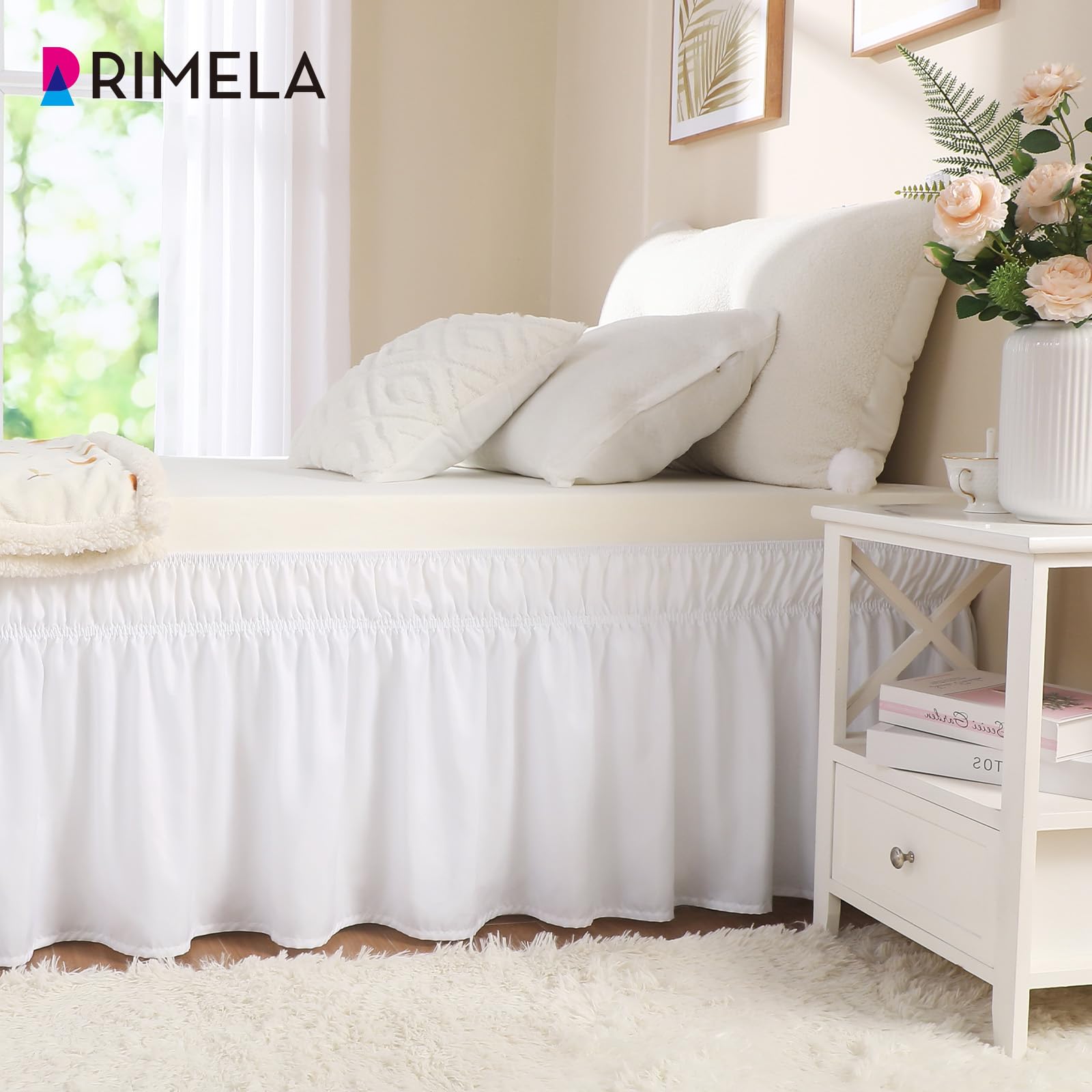 RIMELA Bettvolants Stoff Elastischer Bettrock Soft Brushed Mikrofaser Weiß Betthusse (90 x 200 x 45cm)