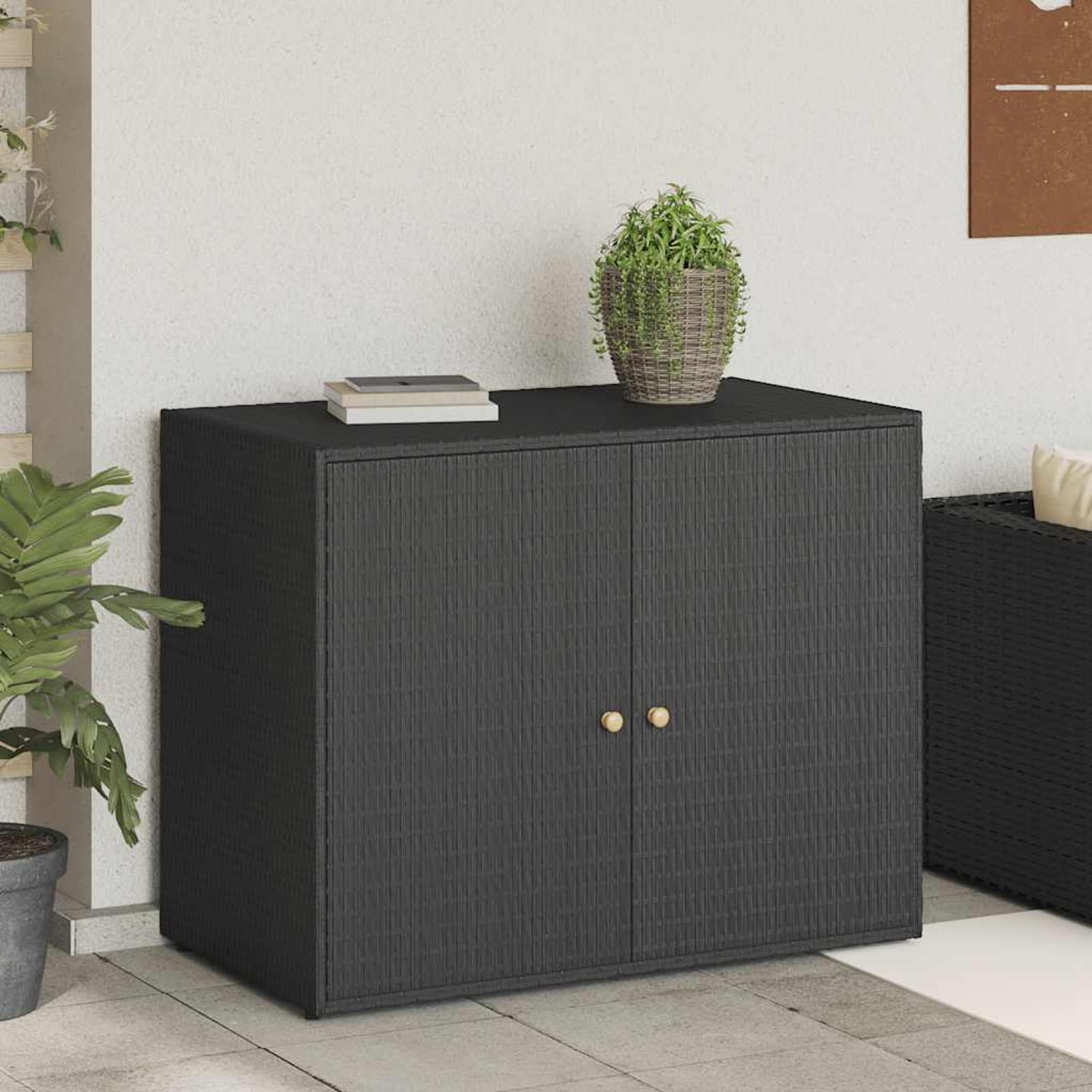 Gecheer Garden Storage Cabinet with Poly Rattan, Powder-Coated Steel Frame, and Solid Acacia Wood Handles, Water-Resistant Outdoor Tool Chest, Black, 100x55.5x80 cm, for Patio, Backyard, and Garden Or