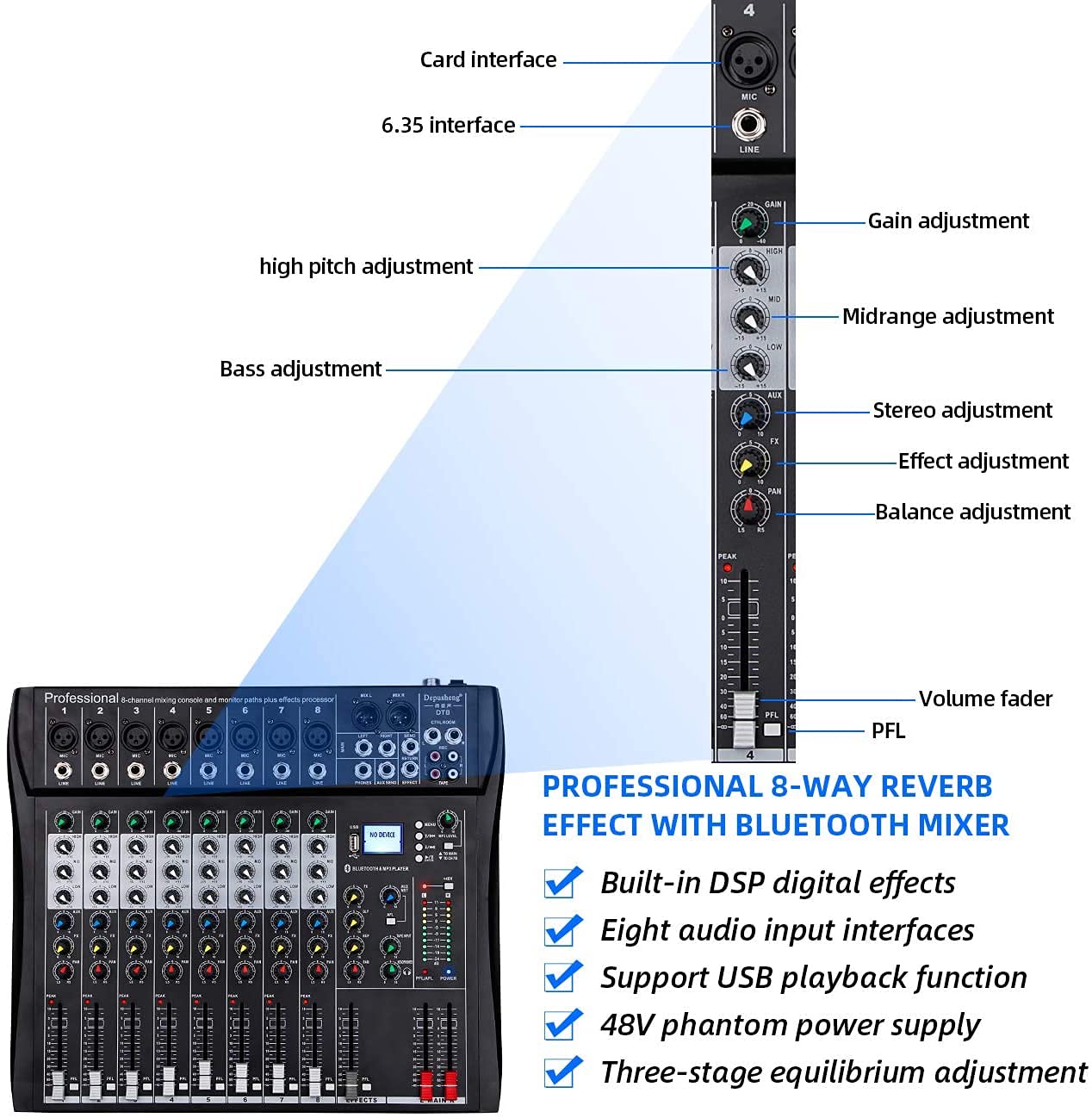 Depusheng DT8 Mixer professionale Scheda audio Console 8 canali Interfaccia sistema scrivania USB digitale Computer Ingresso MP3 Alimentazione Phantom 48V, nero