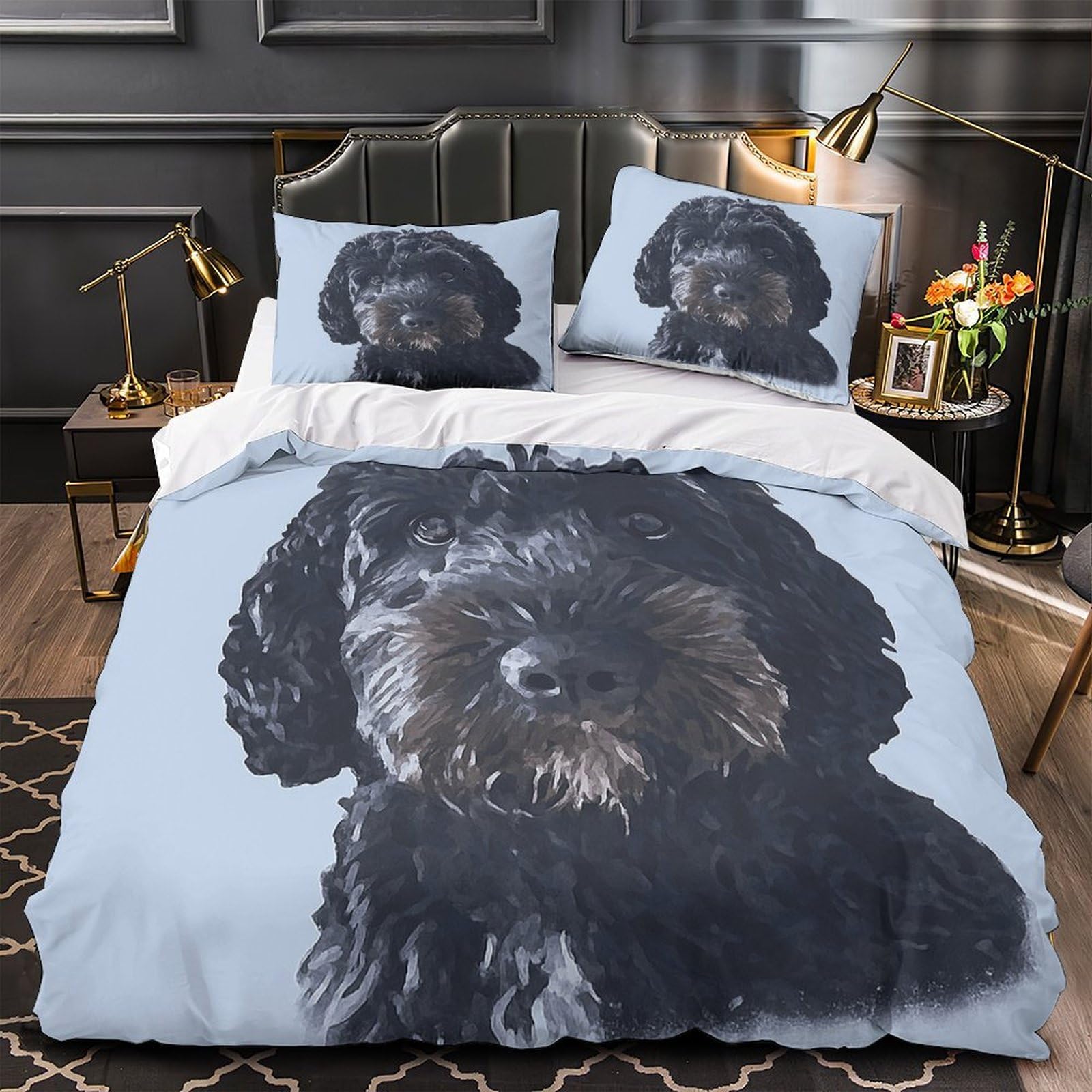 Parure de lit motif chien noir 140x200cm avec housse de couette microfibre et taie d'oreiller