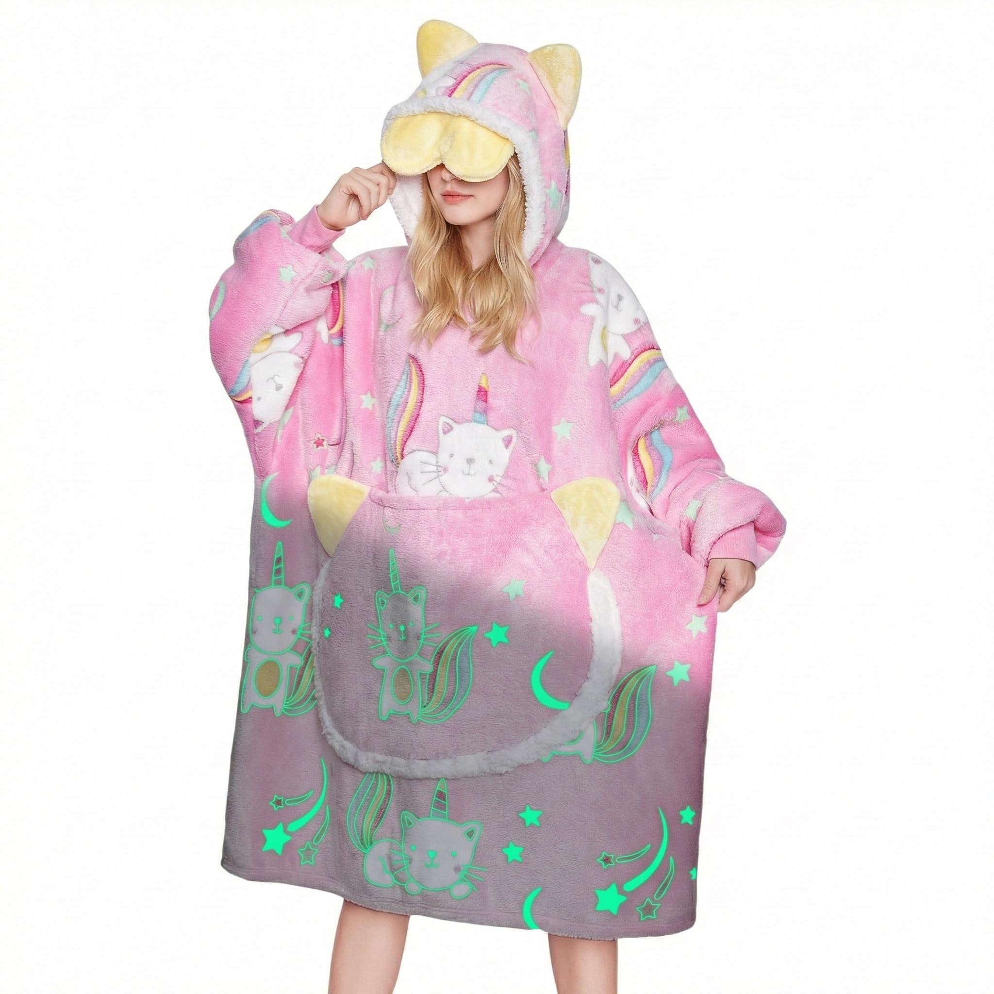 OLAOLA Gatto Felpa con Cappuccio Indossabile che si Illumina al Buio,Felpa Oversize con Cappuccio e Tasche, un Grazioso Regalo di Compleanno e Natale per Adulti
