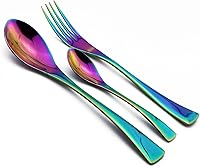 Vista 3 de Juego de cubiertos coloridos arcoíris de 5 piezas, juego de cuchillos de carne dentados de acero inoxidable 18/10, pulido de espejo, servicio para 1