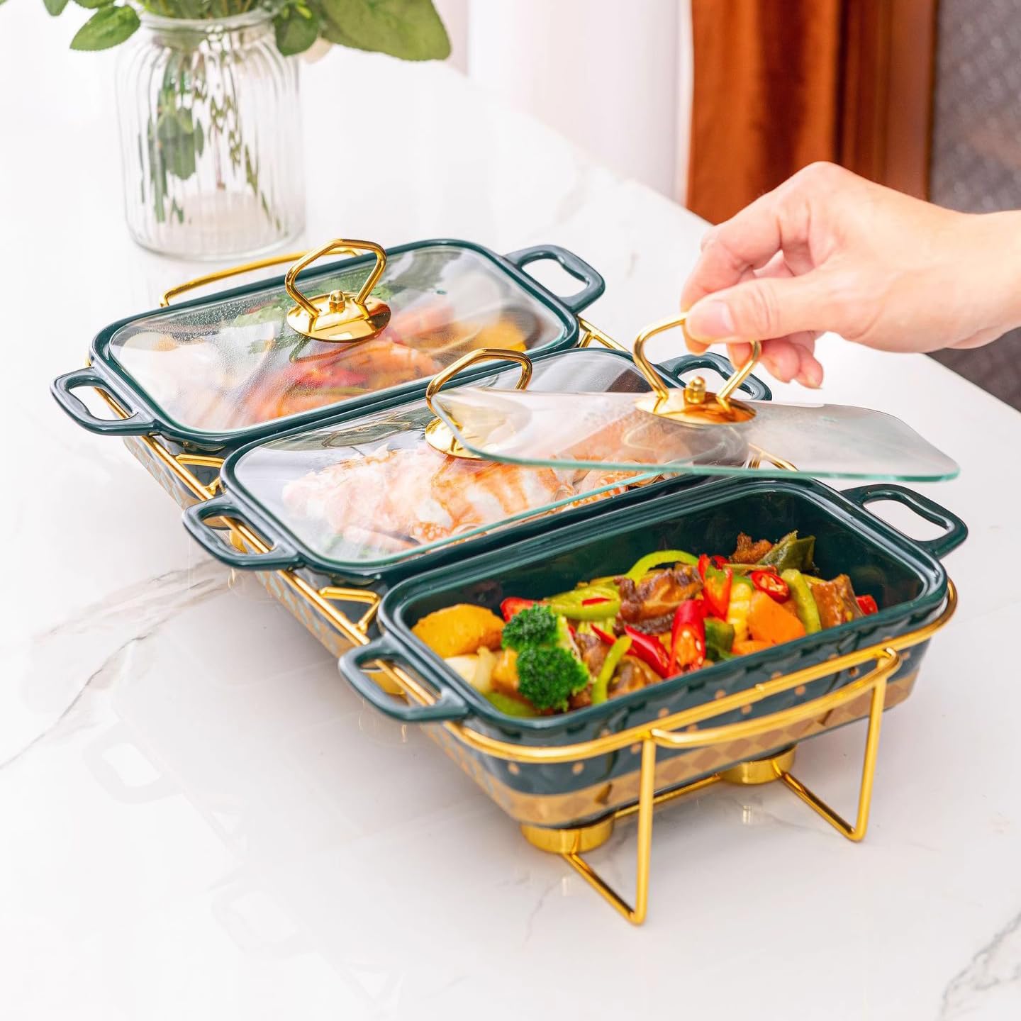 Servidor de buffet de cerámica con tapa de cristal para calentar, ideal para bodas, fiestas, banquetes y eventos de catering