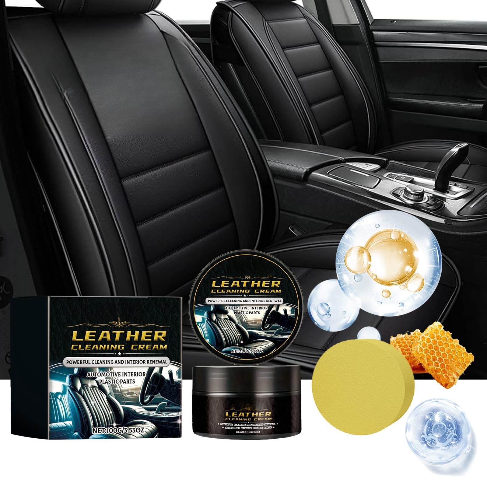 Car Leather Cleaning Cream - 100g Leather Care and Restoration Polish for Car Seats and Sofas, Includes Sponge, Effective Cleaner & Conditioner for Leather Upholstery, Revitalizes & Protects