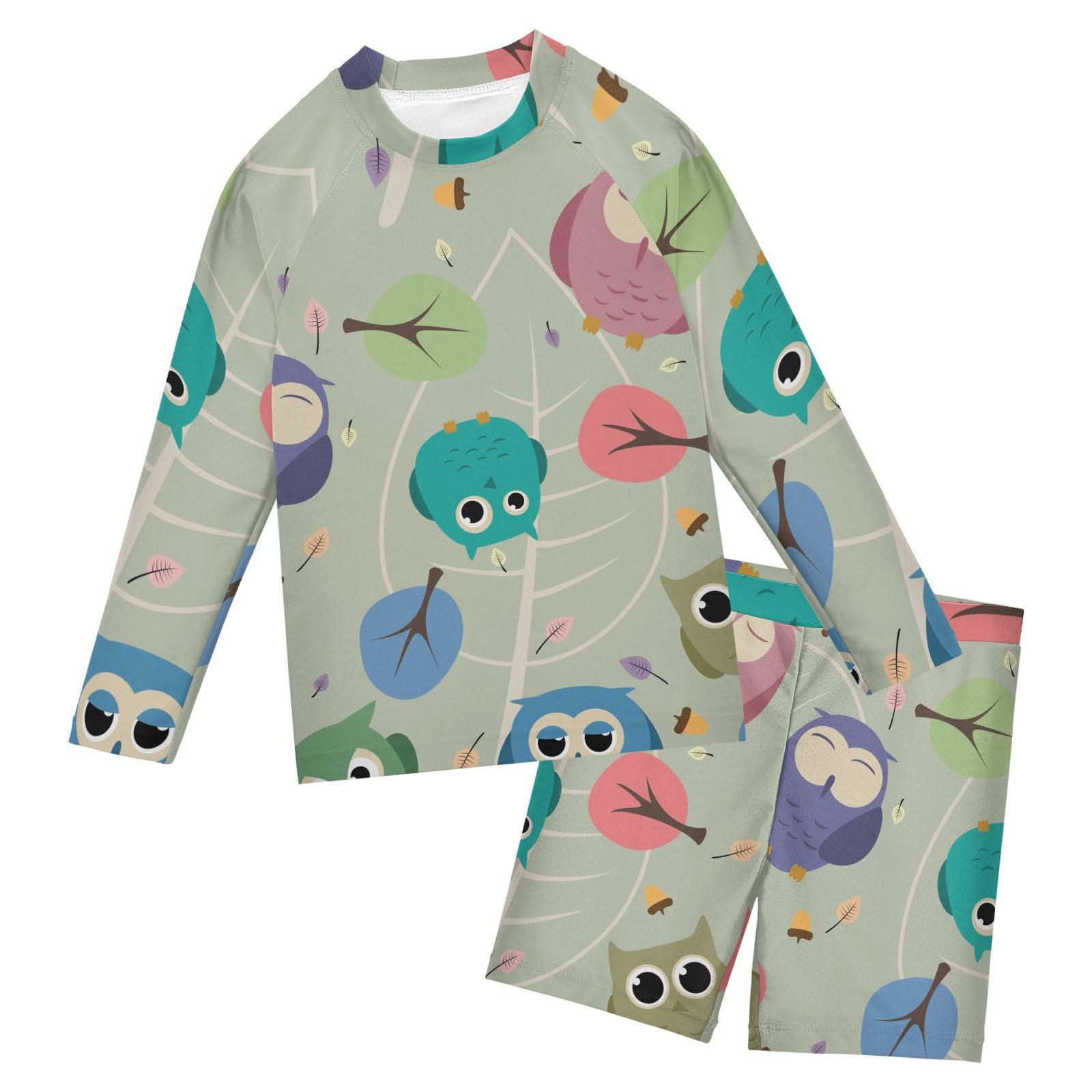 Aflyko Boys' Rash Guard Set Rainbow Owl Cartoon Leaves SPF 50+ Sun Protection Swimsuit
