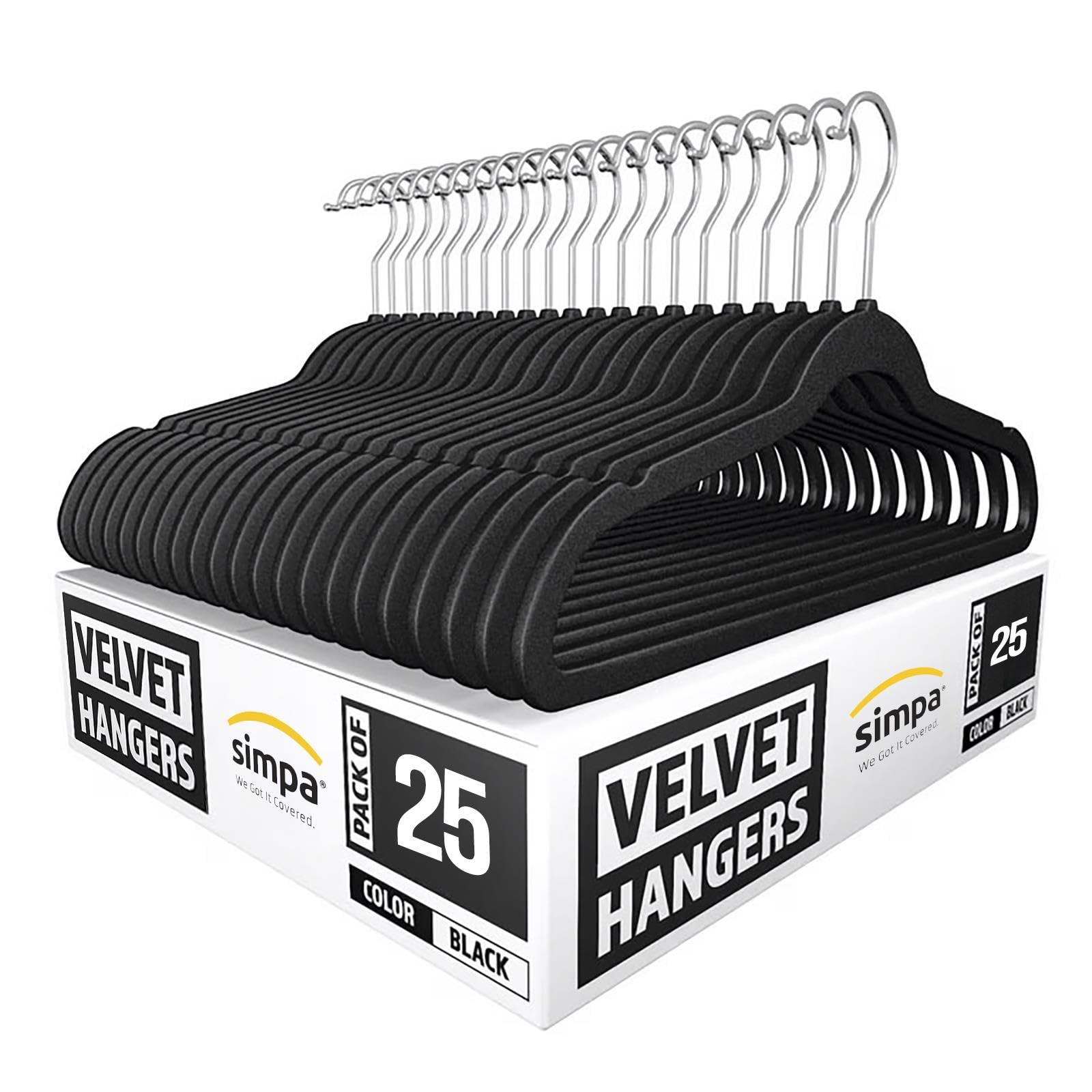 Simpa Black Slim Velvet Non-Slip Suit Clothes Shirts Hangers 360 Degree Swivel Hook 25-Pack, /Silver