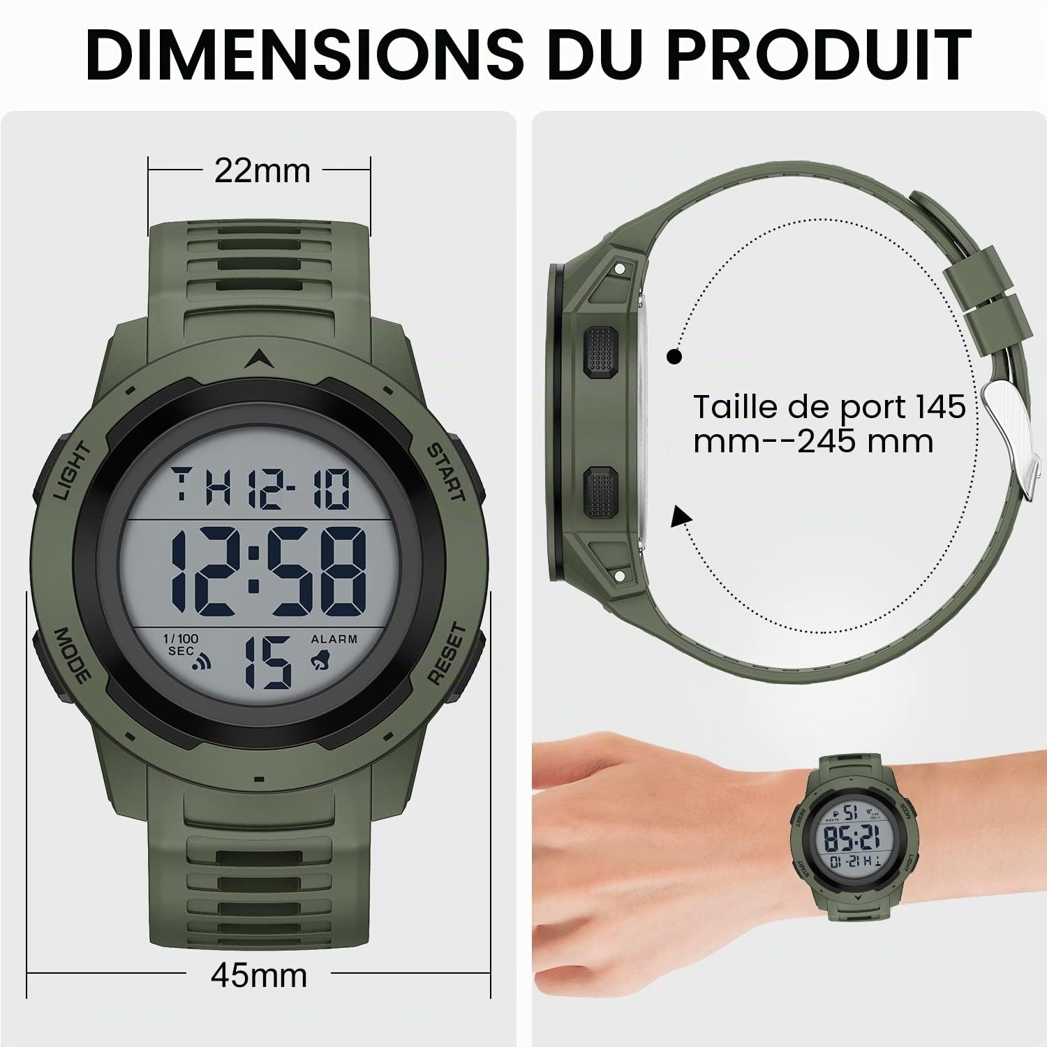 GOLDEN HOUR Montre de Sport numérique étanche pour Homme - Grand écran Facile à Lire - Style Militaire avec Bracelet en Caoutchouc