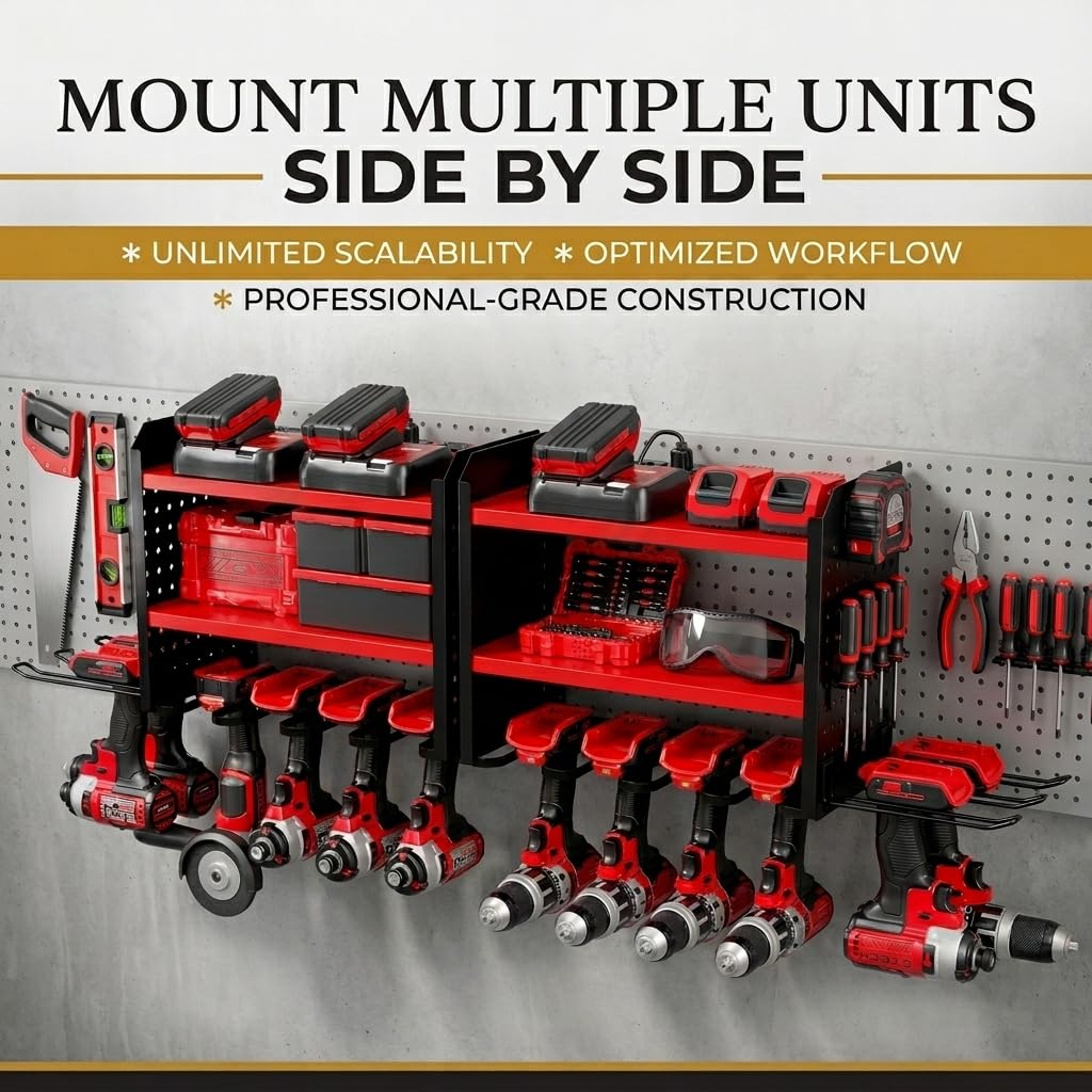 Power Tool Organizer na 6, uchwyt na wiertarkę, uchwyt ścienny, 3-poziomowy, wytrzymały, metalowy stojak do przechowywania narzędzi ręcznych, stojaki na narzędzia, uchwyt na wiertarki, 2 boki deski