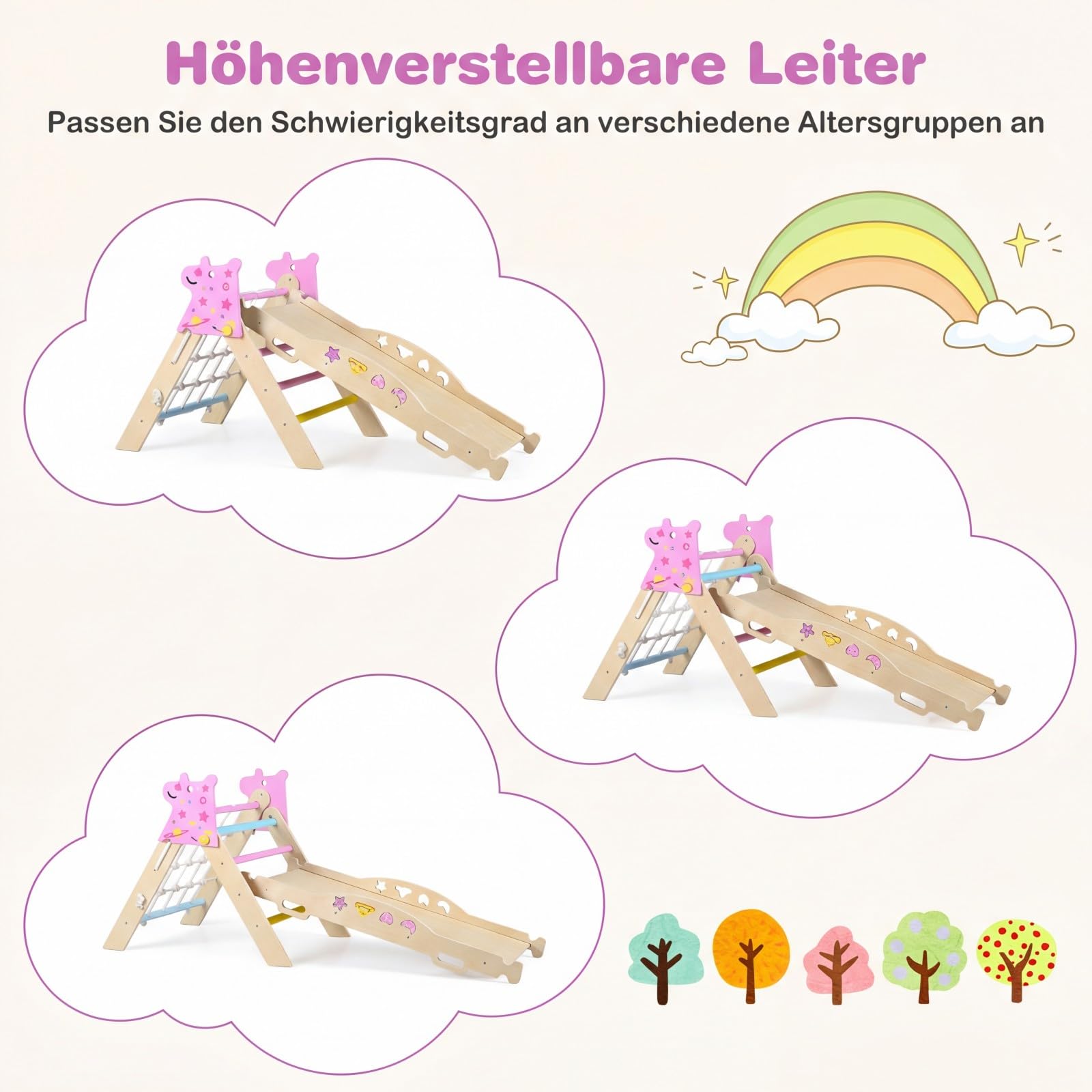 GOPLUS 8-in-1 Klettergerüst Indoor, Kletterdreieck Holz, 4er Set Kletterspielzeug mit Kletternetz, Kletterbogen, Wippe & Leiter, inkl. doppelseitige Rampe & Baustein Set, Sprossendreieck für Kinder