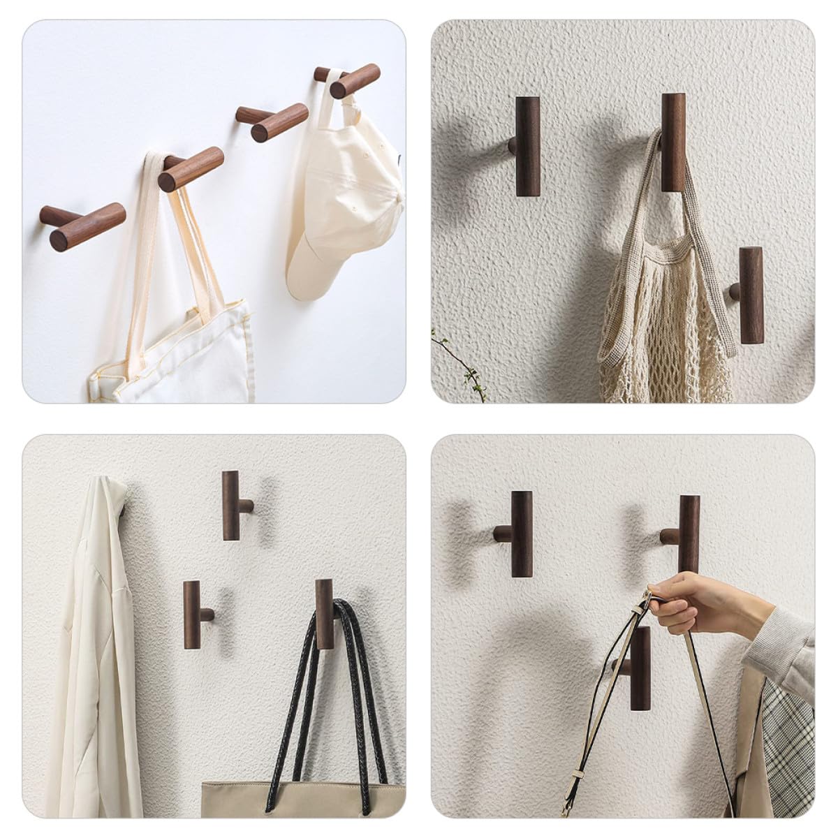 Ganchos de Pared Rústicos 4 Piezas de Madera para Toallas y Abrigos Multifuncionales Alta Capacidad de Carga para Baño y Dormitorio