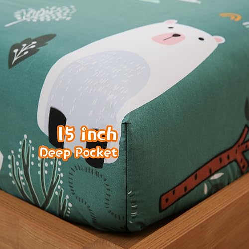 Miniatura 4 de JSD Green Animal Forest - Juego de sábanas para niños, tamaño matrimonial, 4 piezas, bonitas sábanas de microfibra estampadas para niñas, bolsillo