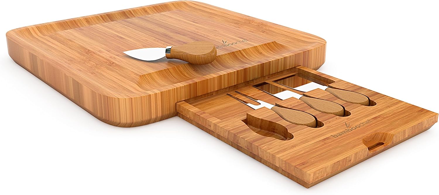 Bamboo Cheese Board and Knife Set in Kraft Gift Box - Charcuterie Serving Platter - Unique Gift for Christmas, Birthdays, Mom, Wedding – Hidden Cutlery Tray
