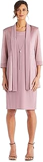 R&M Richards Women's Metallic Knit Pleated 3/4 Sleeve Jacket & Shift Tank Dress Set W/Necklace | Evening & Cocktail Party Price In India