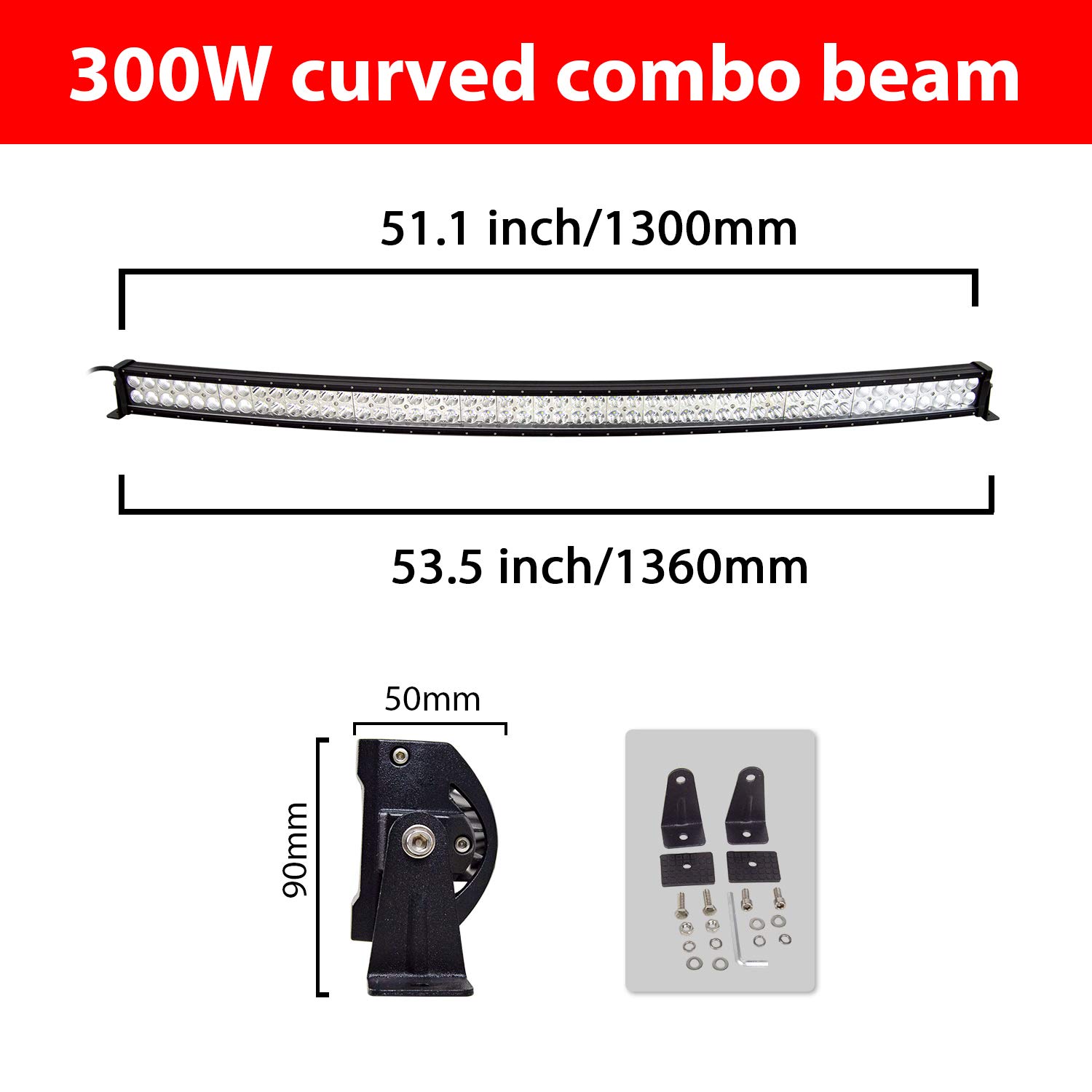 PICAA Barra Luce Led 52 pollici 300W Fuoristrada Doppia Fila Curvo Spot Flood Barra Luminosa da Lavoro a LED Led Luci di Lavoro a Led per FUORI STRADA Moto 4WD SUV ATV UTV Camion