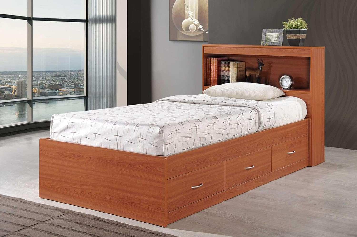 Pemberly Row Twin Captain Storage Bed with Bookcase Headboard, 3 Drawers, 84.5” L x 41.4” W x 35” H, No Box Spring Required, Oak
