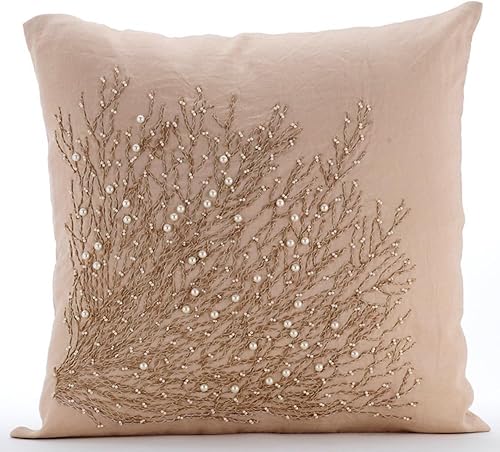 HomeCentric Fundas de cojín para sofá, fundas de almohada decorativas beige de 16 x 16 pulgadas (15.7 x 15.7 in) de lino de algodón con cremallera,